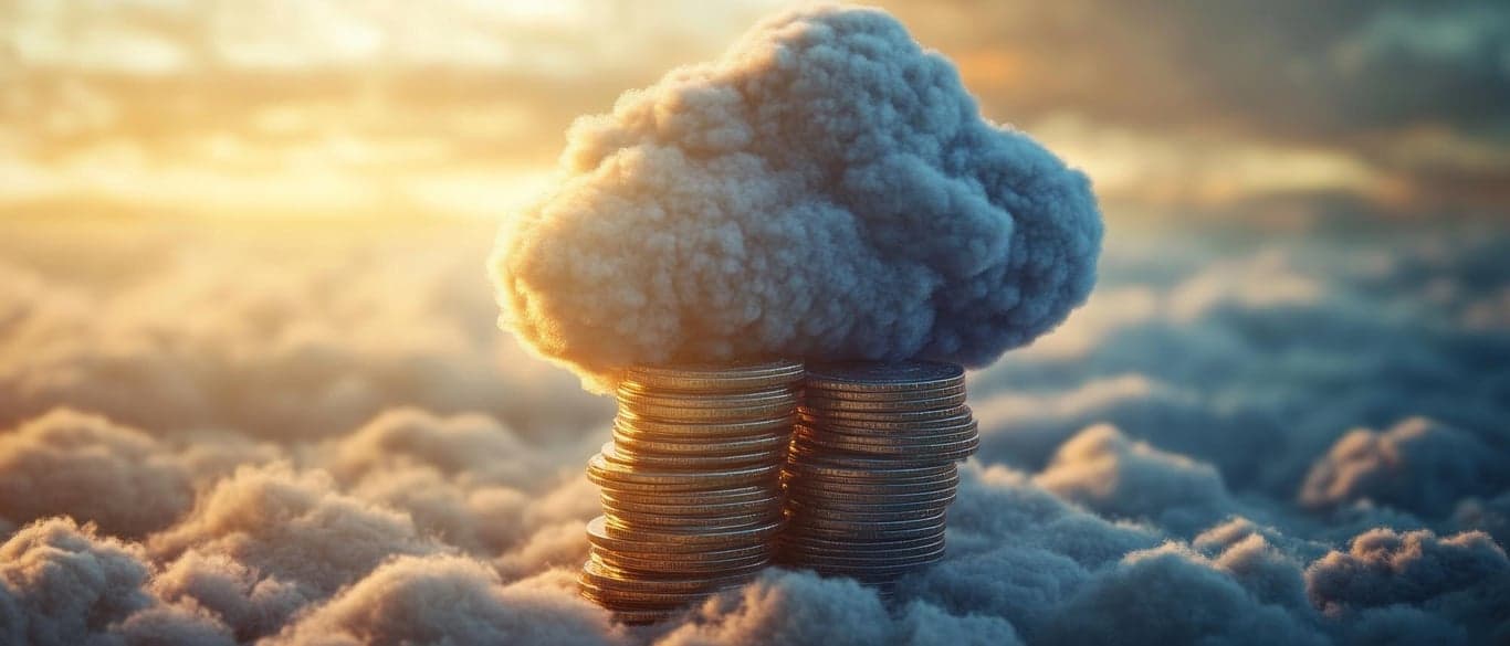 Abstract visualization of cloud computing costs showing charts, graphs, and currency symbols.