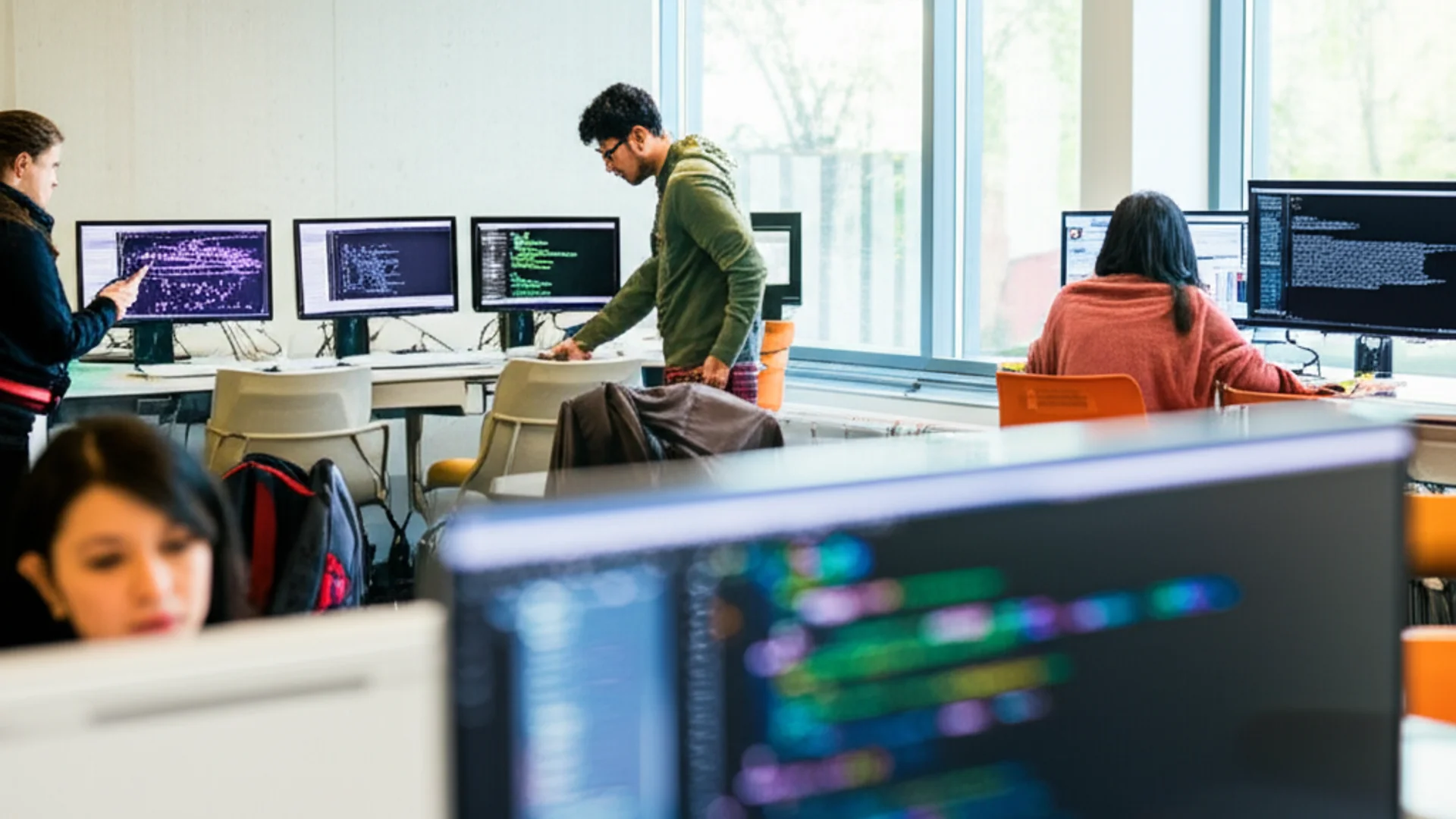 Cloud computing students working on distributed systems in modern university lab