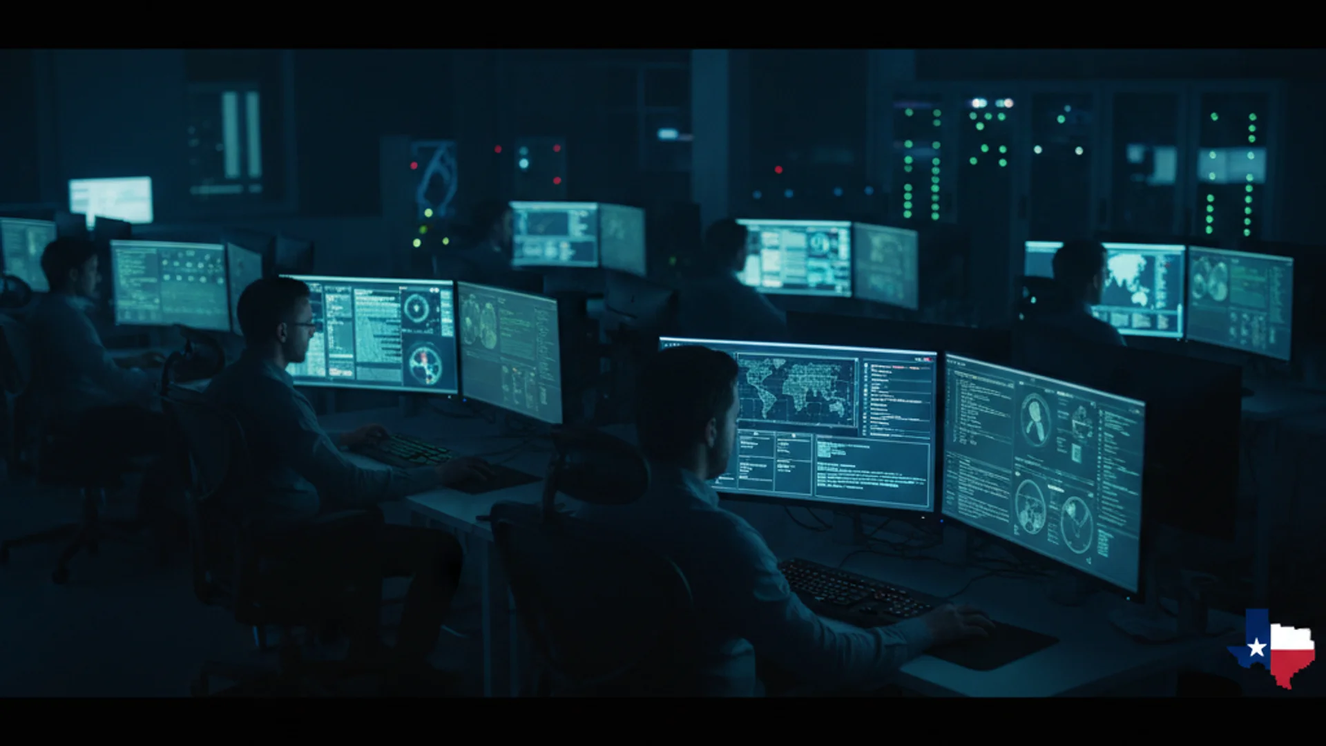 Information security professionals working in cybersecurity operations center with multiple monitors showing threat detection