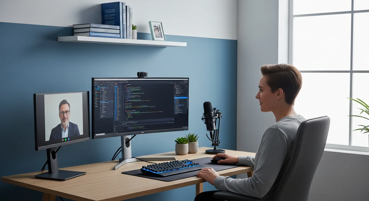 Modern home office setup with laptop displaying computer science coursework and coding environment