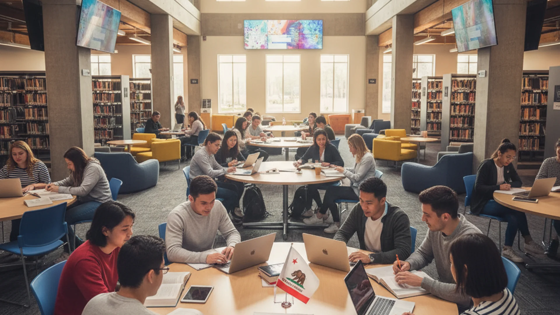 Diverse students studying data science in an affordable campus setting with laptops and data visualizations