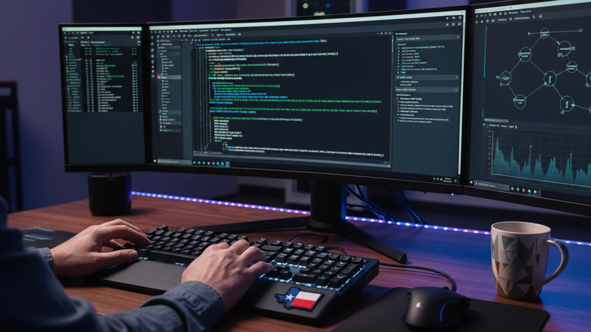 Developer using advanced Git commands on multiple monitors with repository visualization
