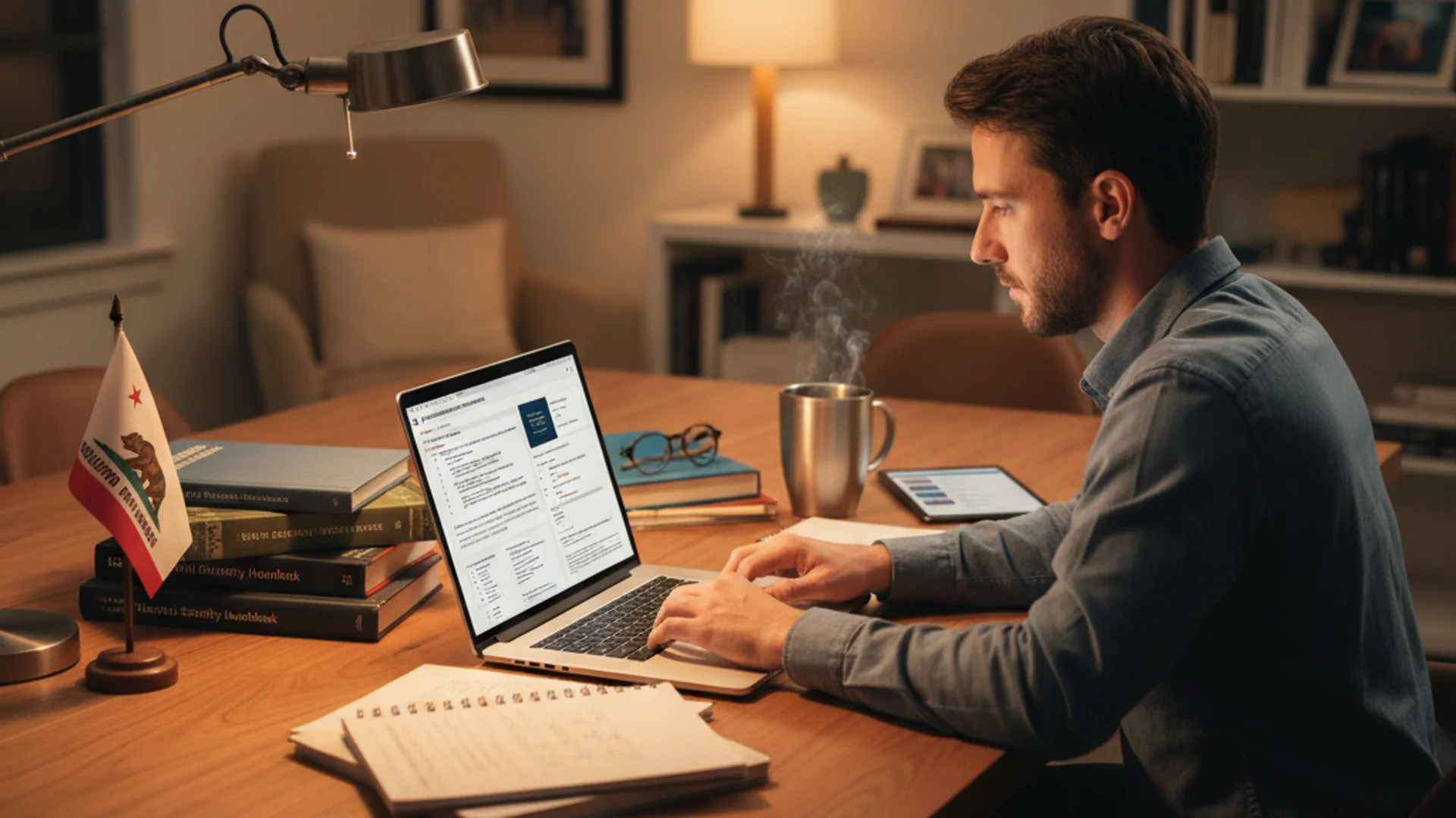 Professional studying for CGRC certification with governance and compliance materials