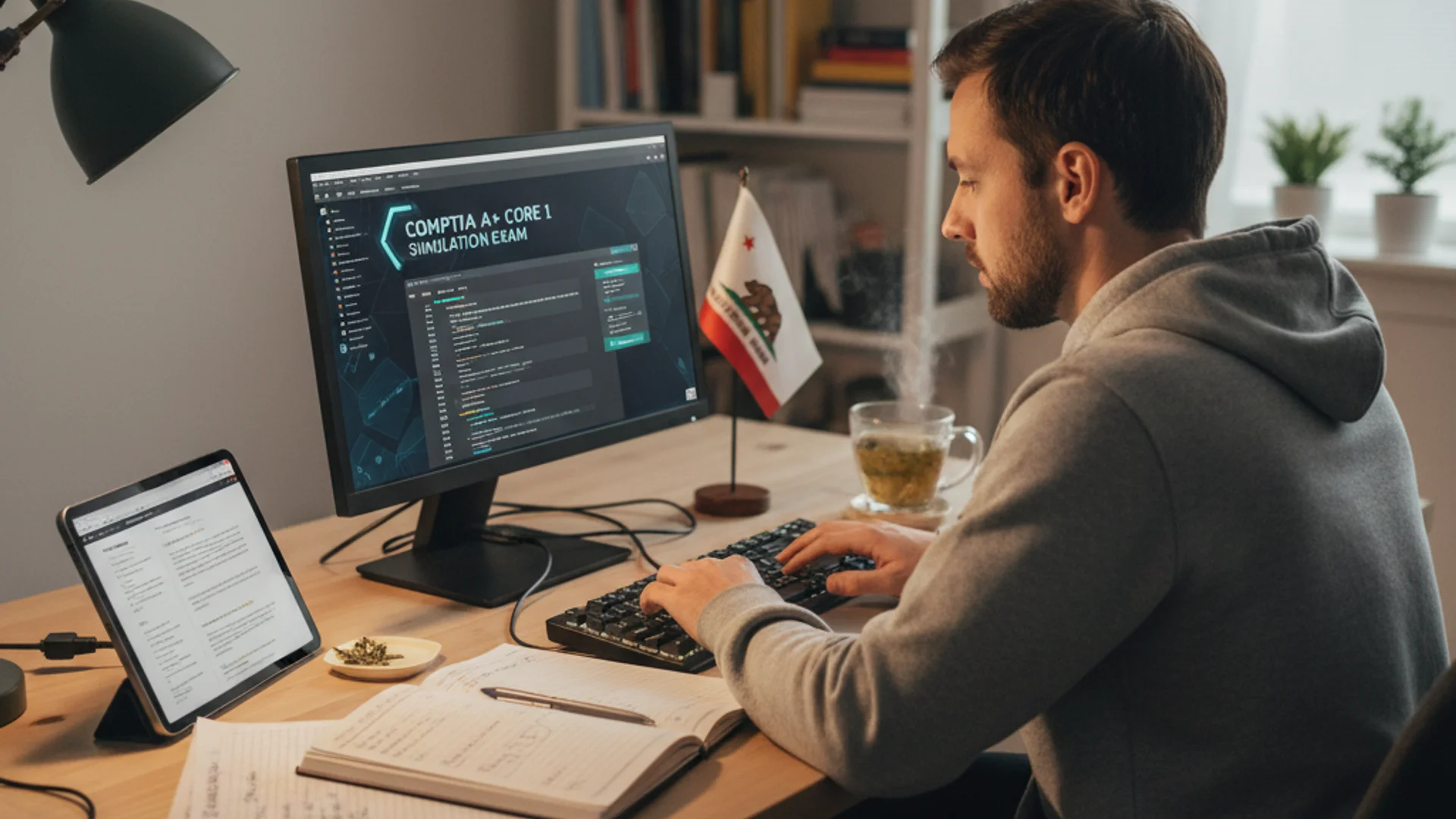 Information security manager studying for CISM certification with security frameworks and management materials