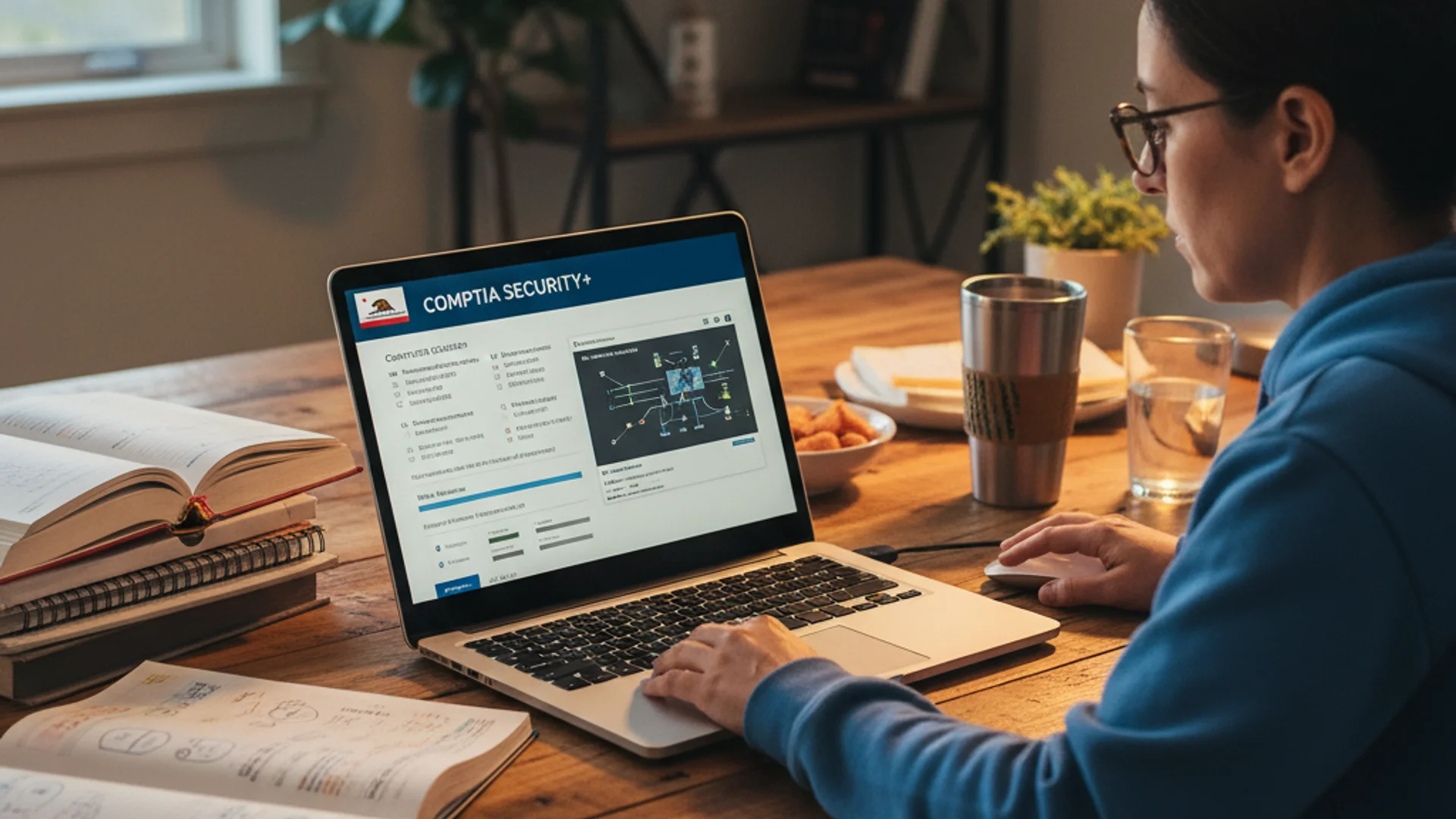 Professional studying for CompTIA Network+ certification with networking diagrams and laptop