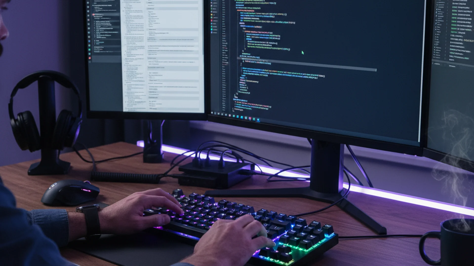 Developer studying computer science fundamentals with code examples and algorithm diagrams on multiple screens