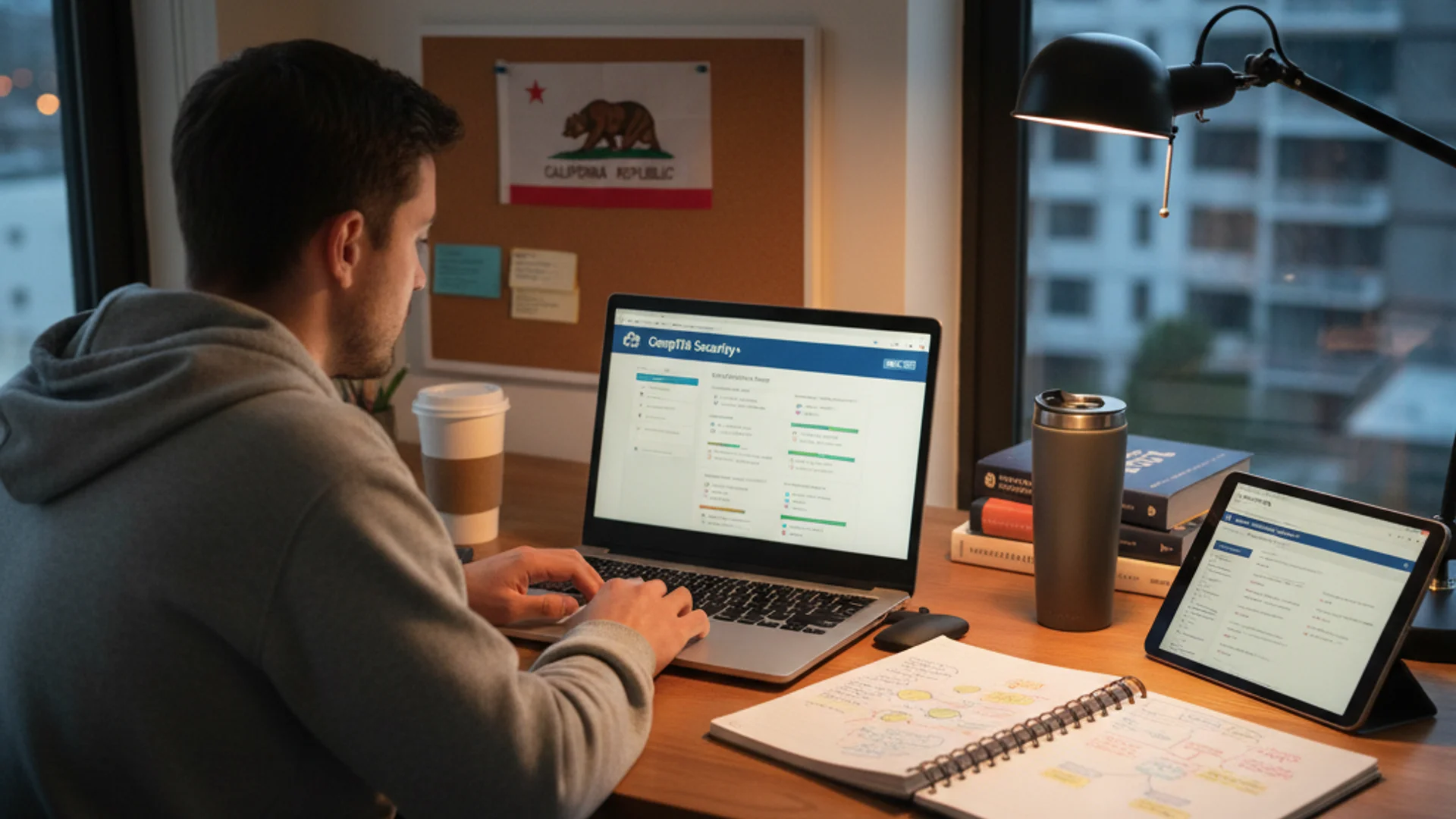 Professional full stack developer working on multiple monitors with frontend and backend code visible