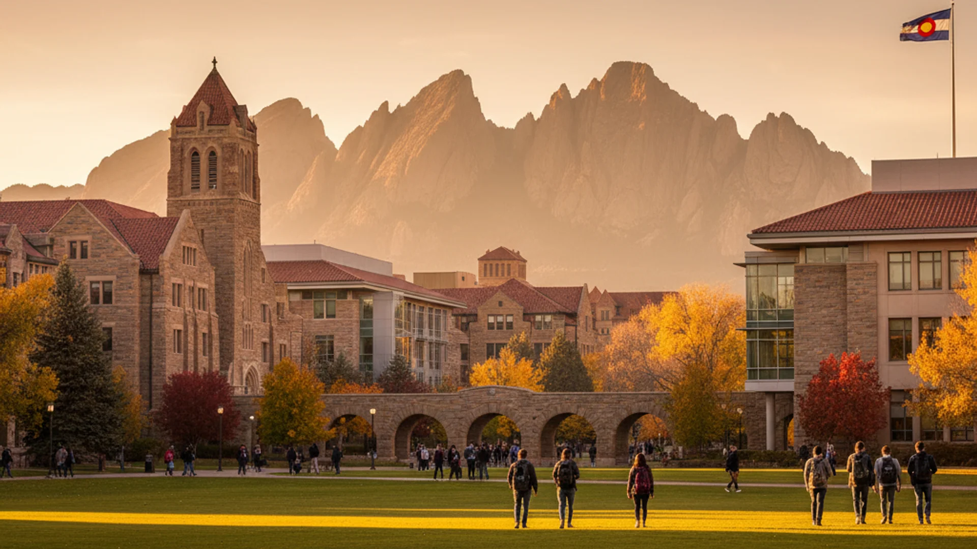 Colorado university campus with Rocky Mountain backdrop and modern computer science buildings