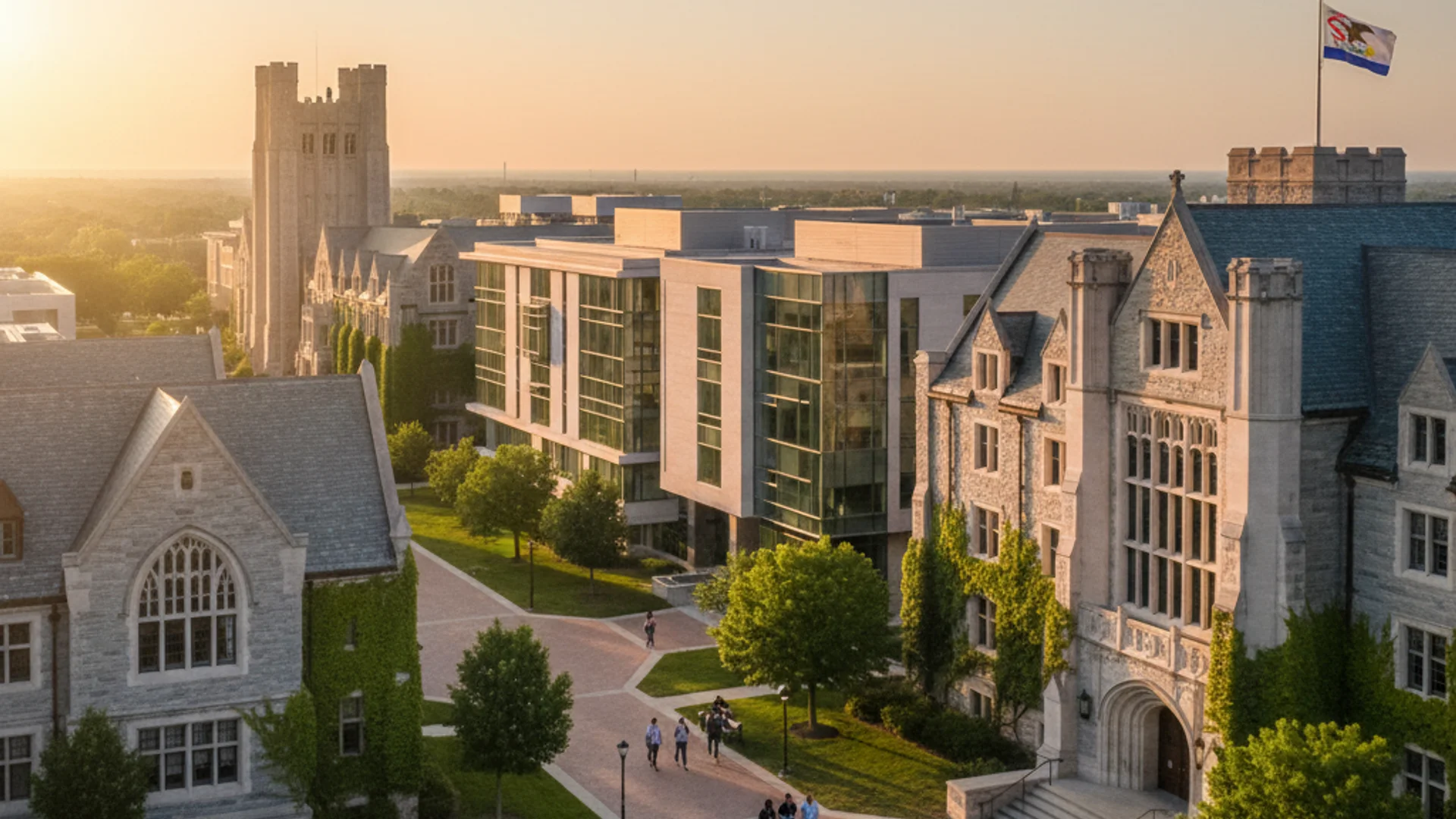 Illinois university campus with modern AI research buildings and Chicago skyline