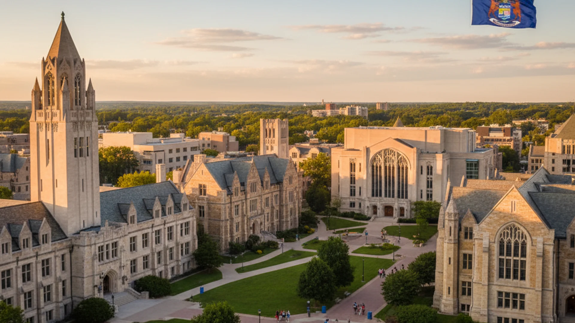 Michigan university campus with Great Lakes backdrop and modern AI research facilities