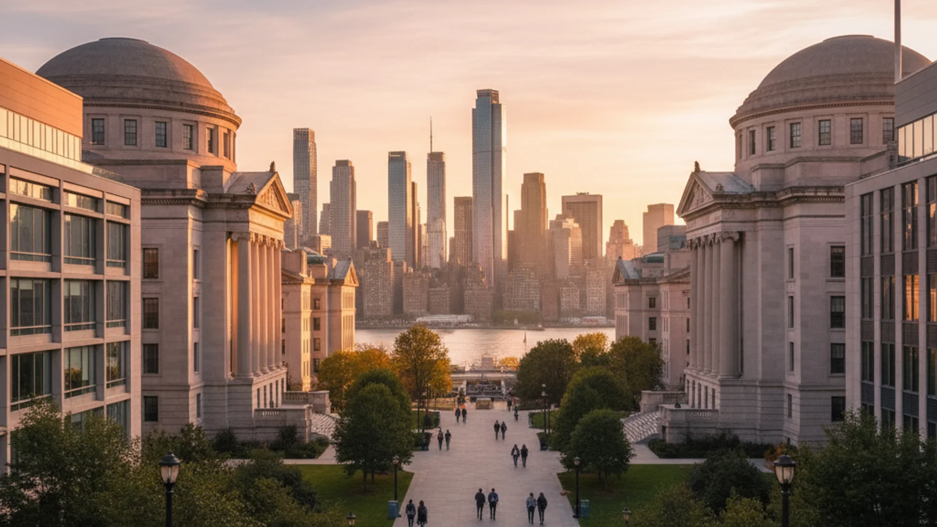 New York City skyline with university campus and modern AI technology elements