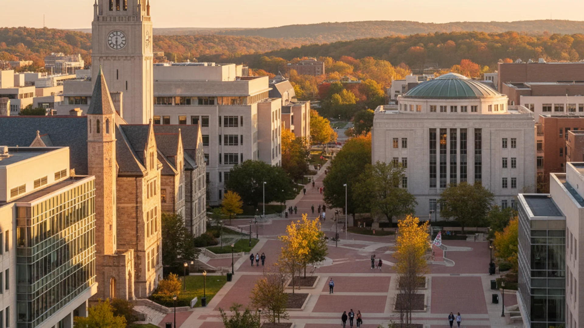 Ohio university campus with modern research facilities and AI technology elements