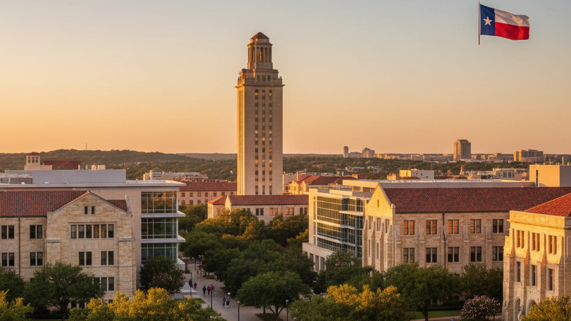 Texas university campus with modern tech buildings and AI-themed elements