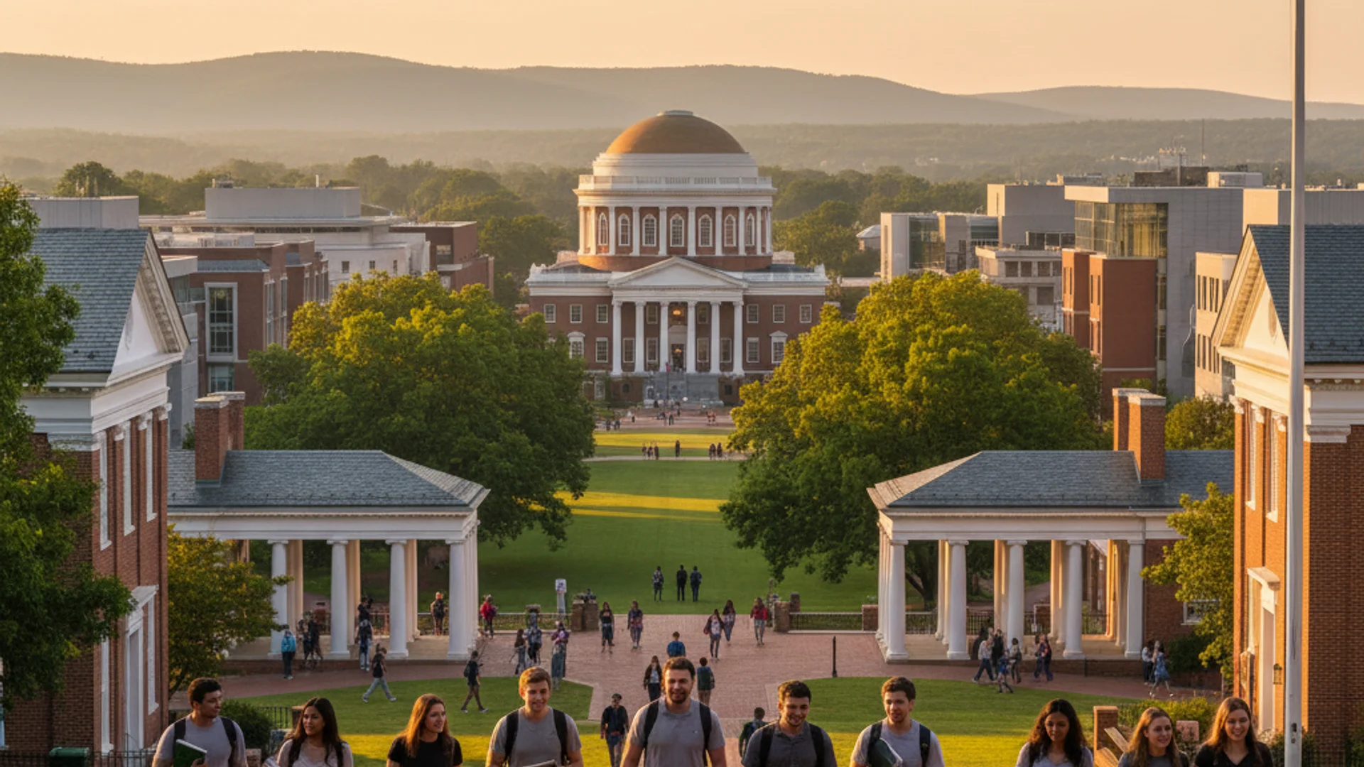 Virginia university campus with historic brick buildings and students studying AI technology
