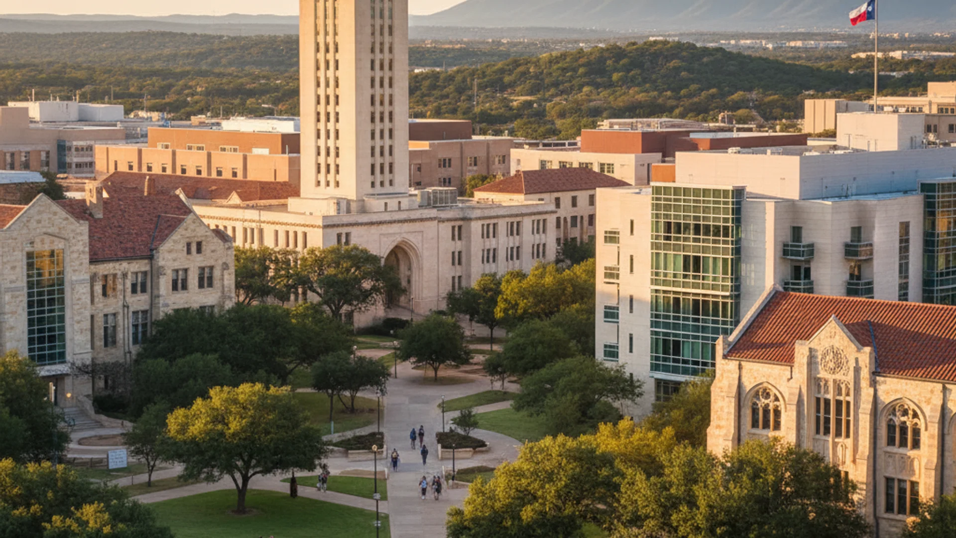 Texas university campus with modern tech buildings and cloud infrastructure visualization