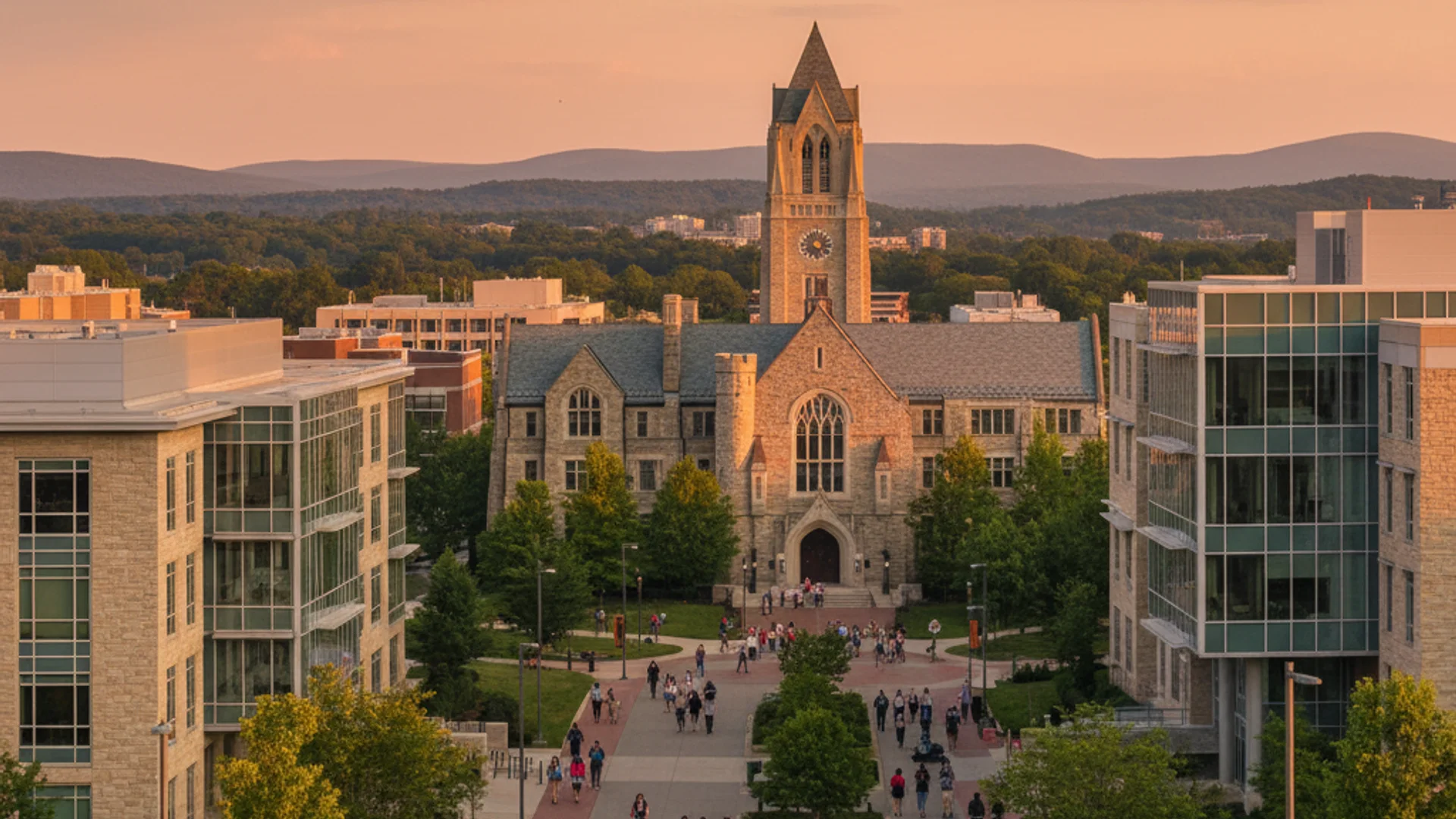 Virginia university campus with historic brick buildings and modern technology center