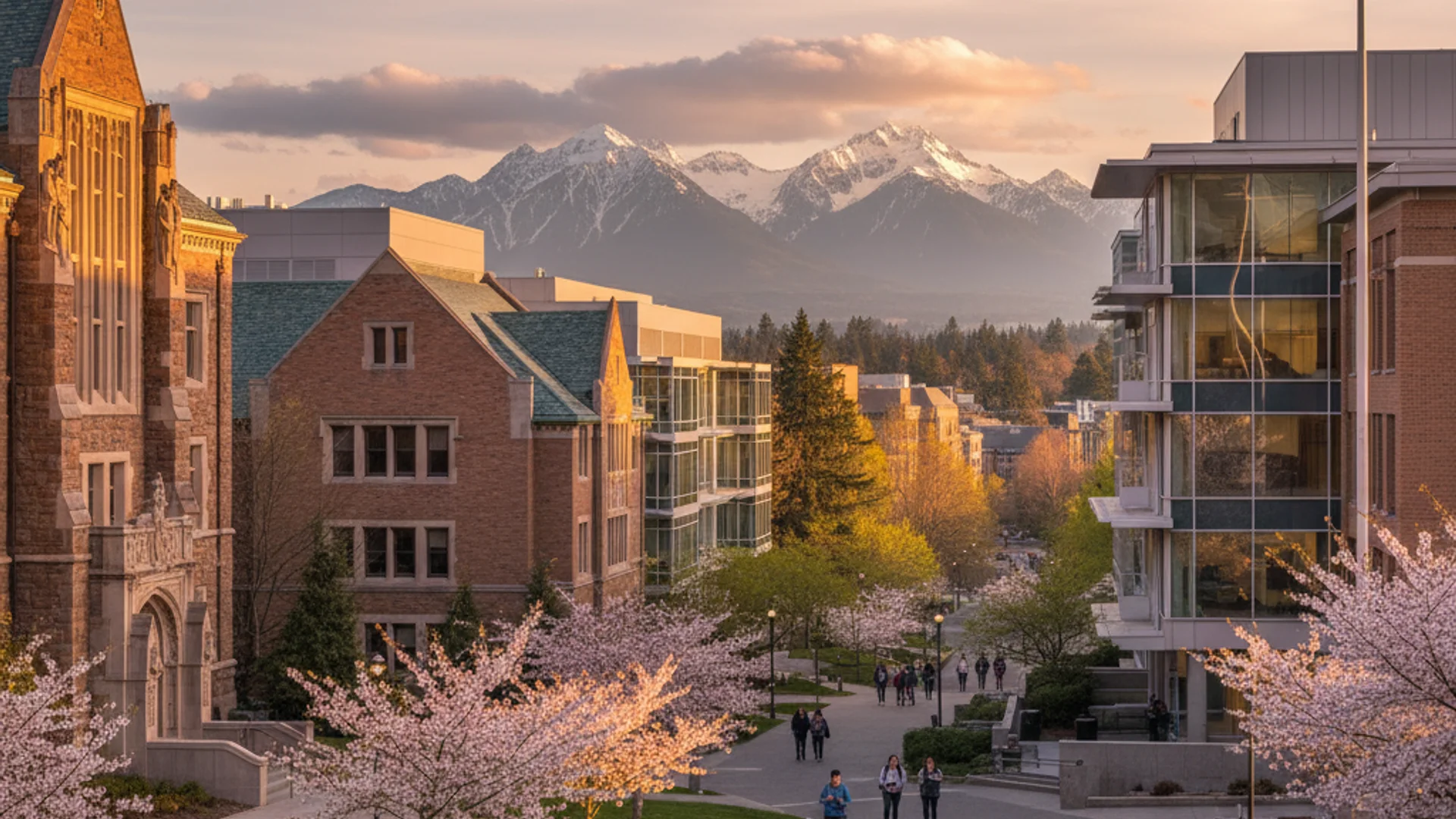 Washington university campus with Pacific Northwest evergreens and modern tech buildings