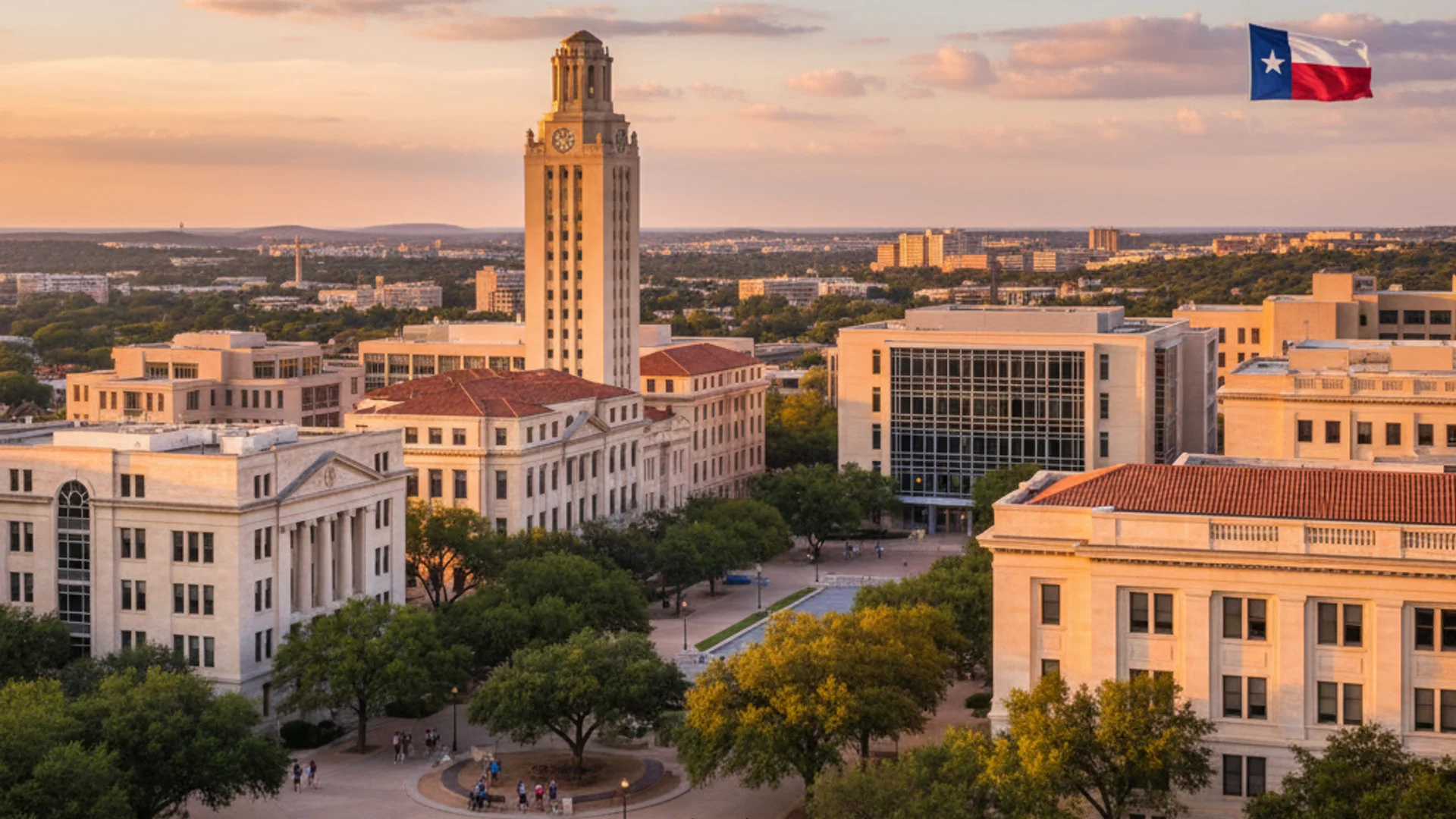 Texas university campus with Spanish colonial architecture and modern engineering buildings