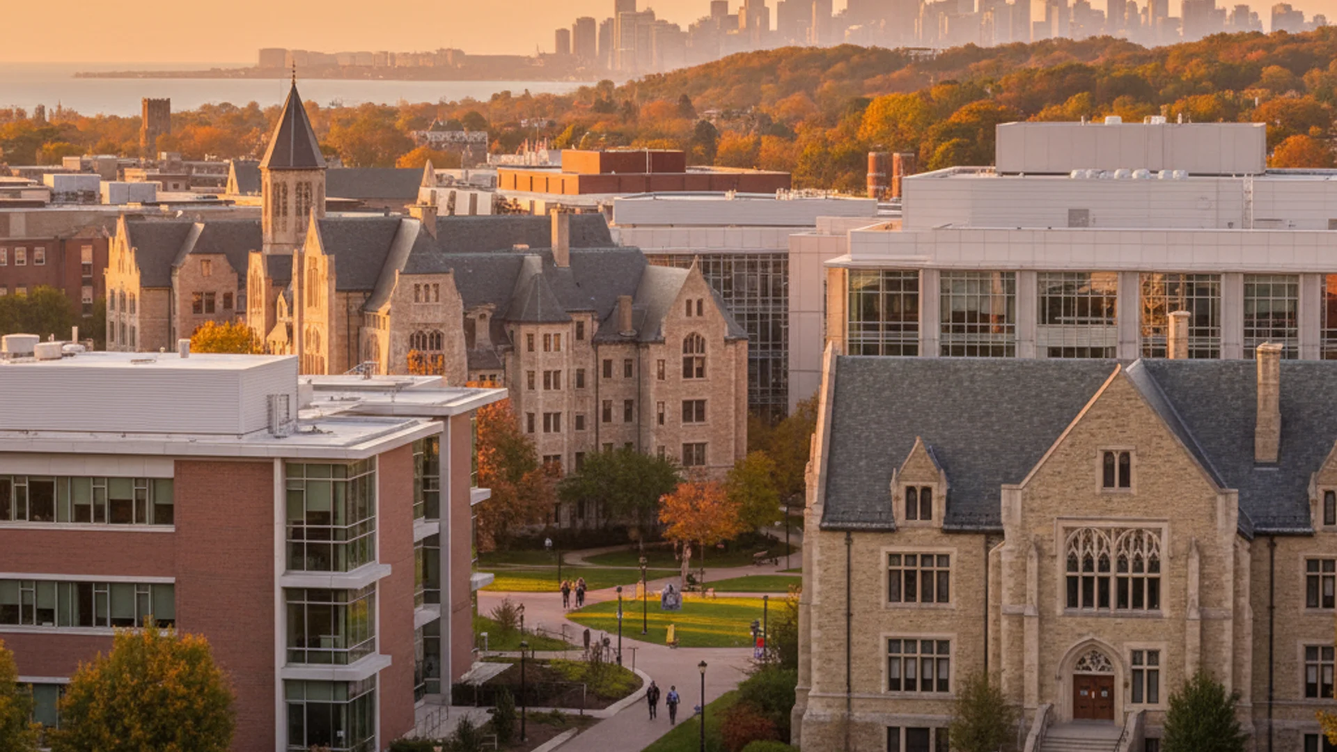 Illinois university campus with modern tech buildings and Chicago skyline in background