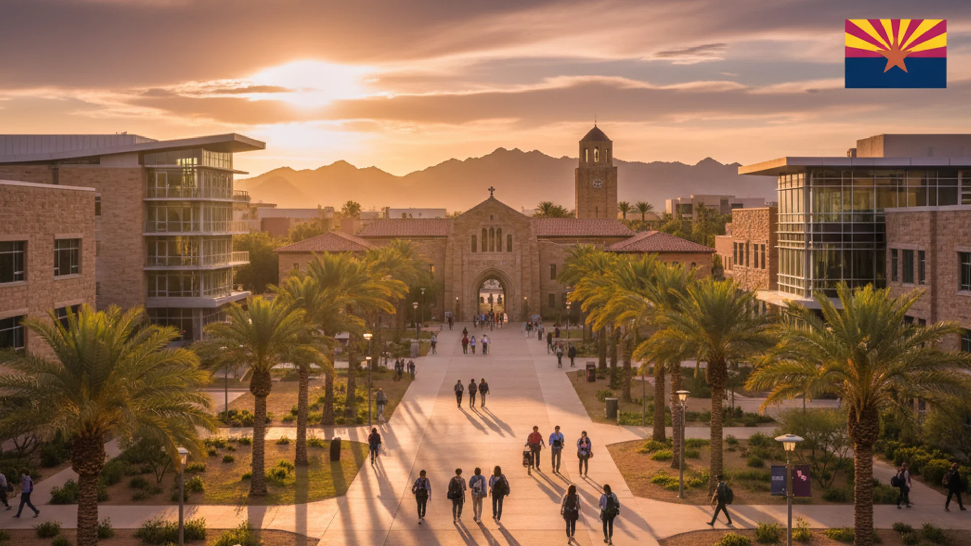 Arizona university campus with desert landscape and modern academic buildings