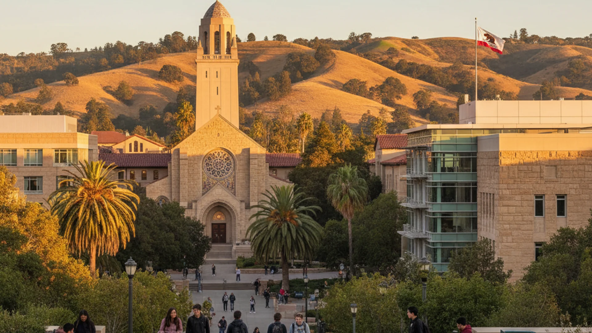 California university campus with palm trees and modern architecture in Silicon Valley style