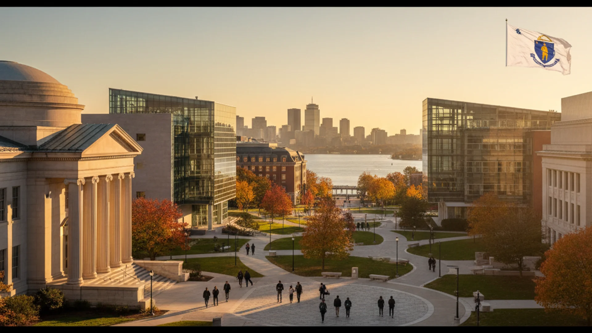 Massachusetts university campus with historic brick buildings and fall foliage, representing academic excellence