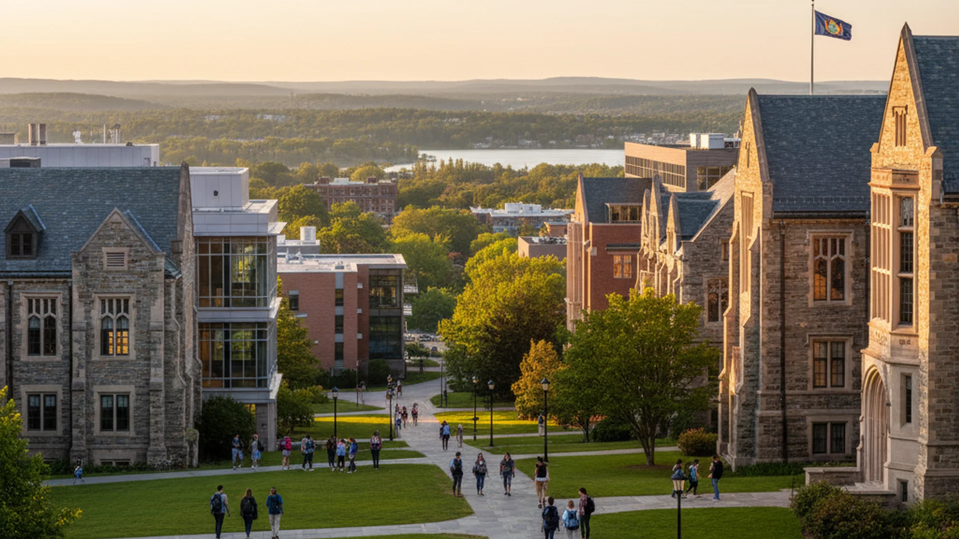 New York university campus with brownstone buildings and modern tech elements
