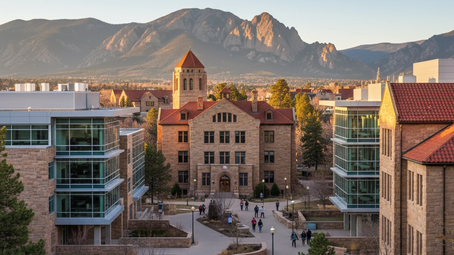 Colorado university campus with Rocky Mountain backdrop and cybersecurity themed elements