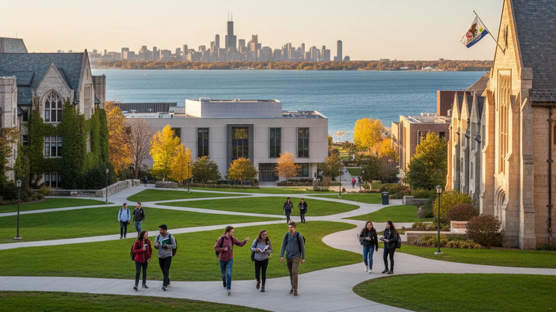 Illinois university campus with Chicago skyline and cybersecurity technology theme