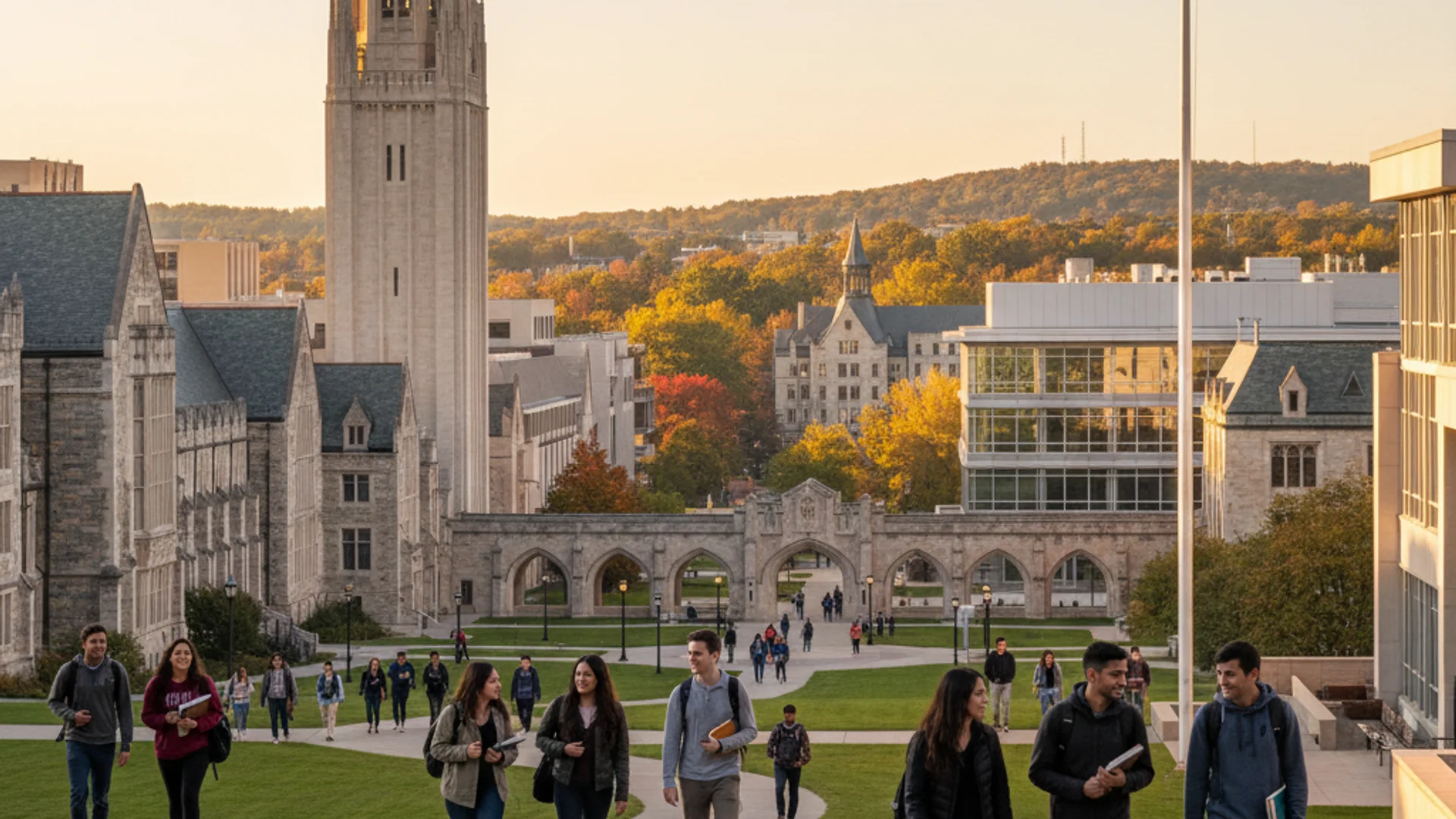 Michigan university campus with Great Lakes backdrop and modern cybersecurity lab