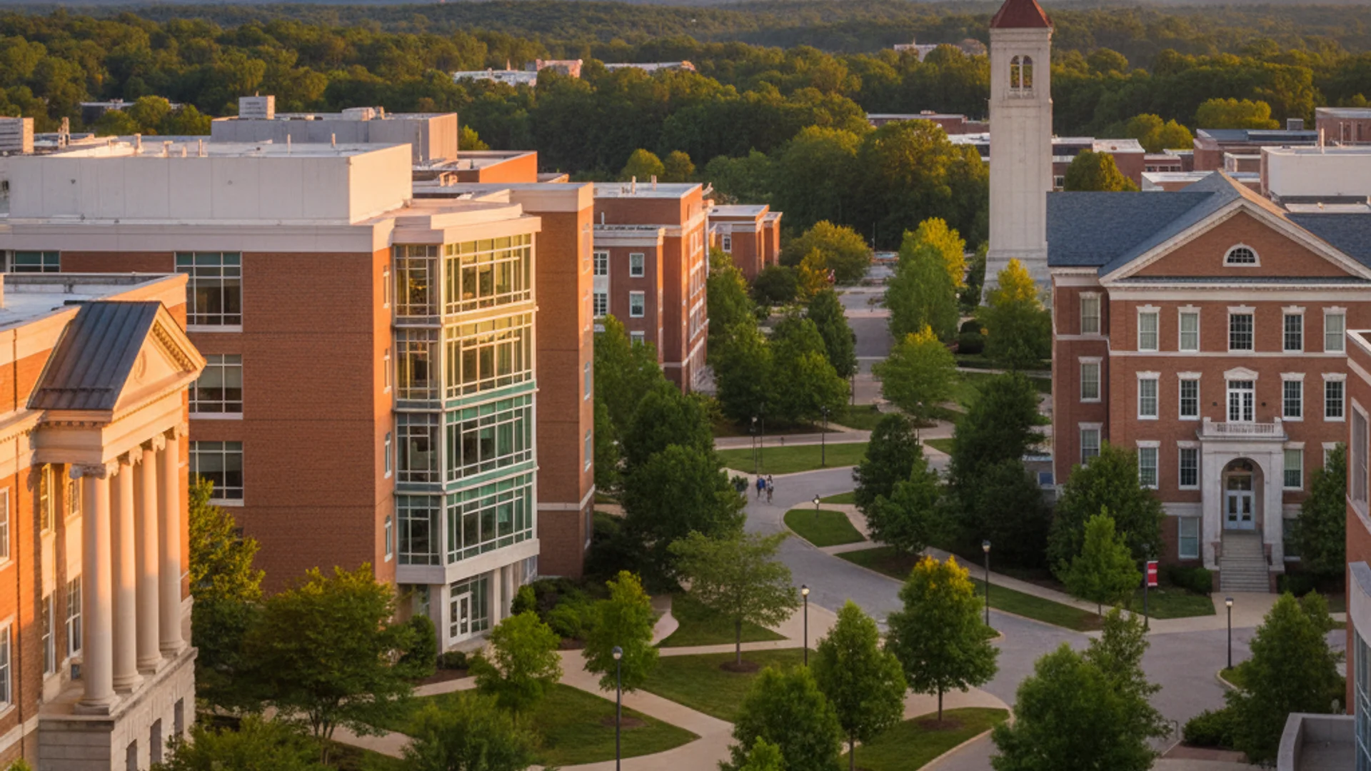 North Carolina university campus with modern technology buildings and Research Triangle backdrop