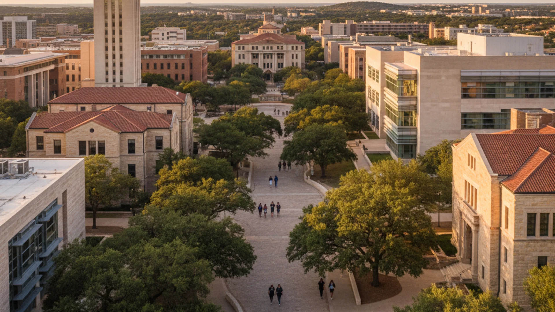 Texas university campus with modern cybersecurity lab and state landmarks
