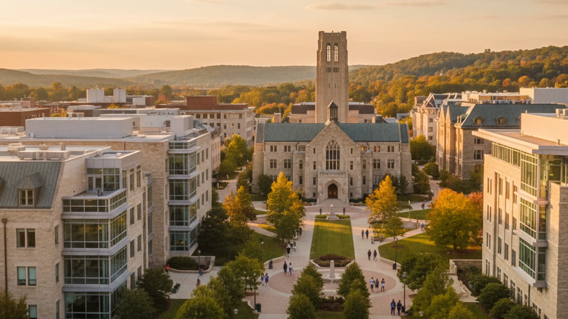 Virginia university campus with colonial architecture and cybersecurity technology elements