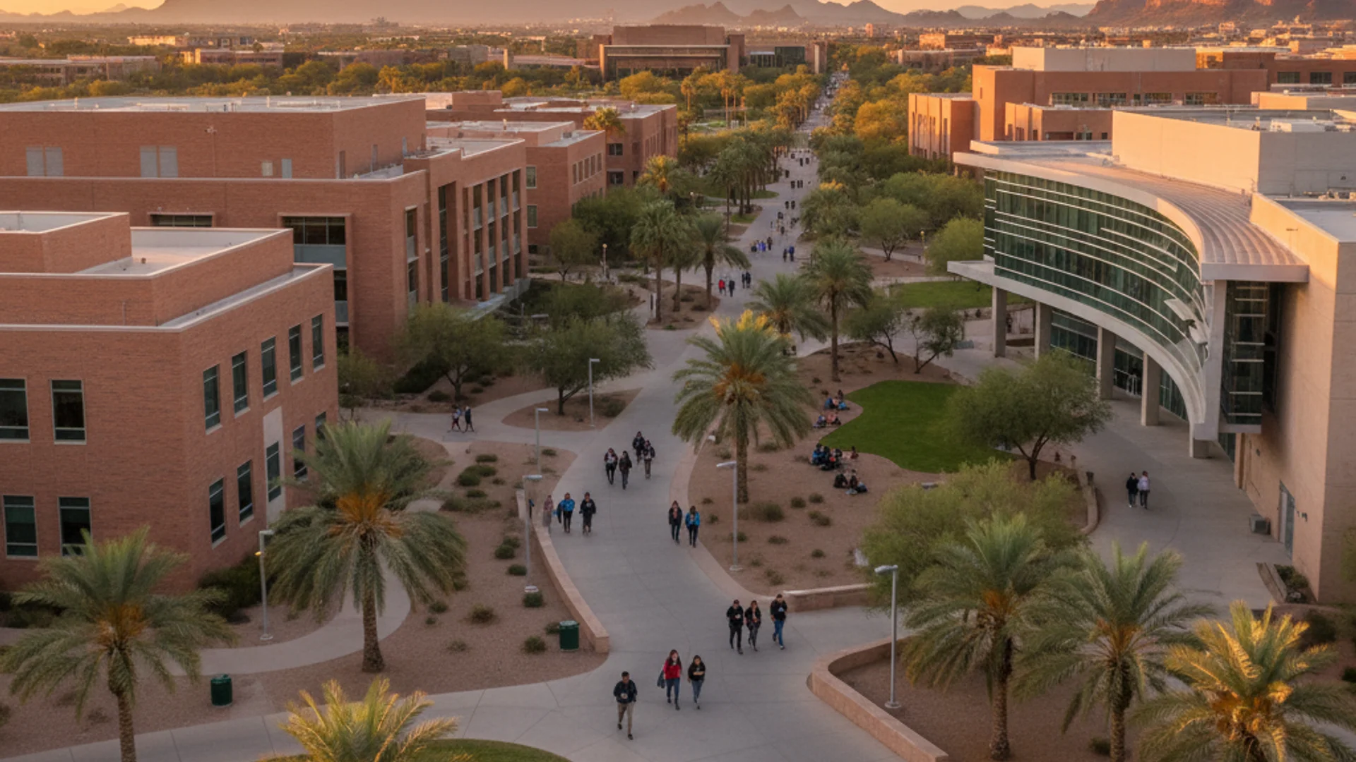 Arizona desert landscape with modern university campus and data visualization elements