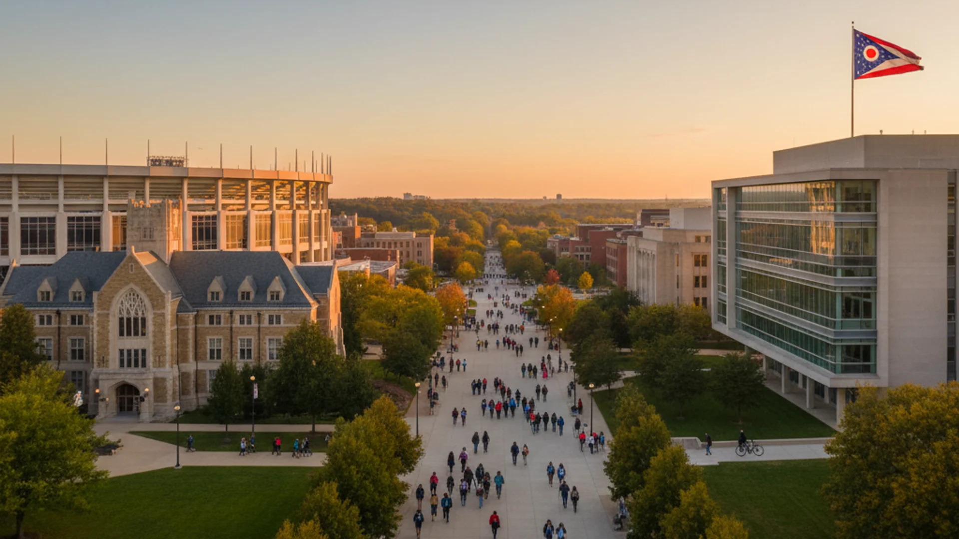 Ohio university campus with modern academic buildings and autumn foliage