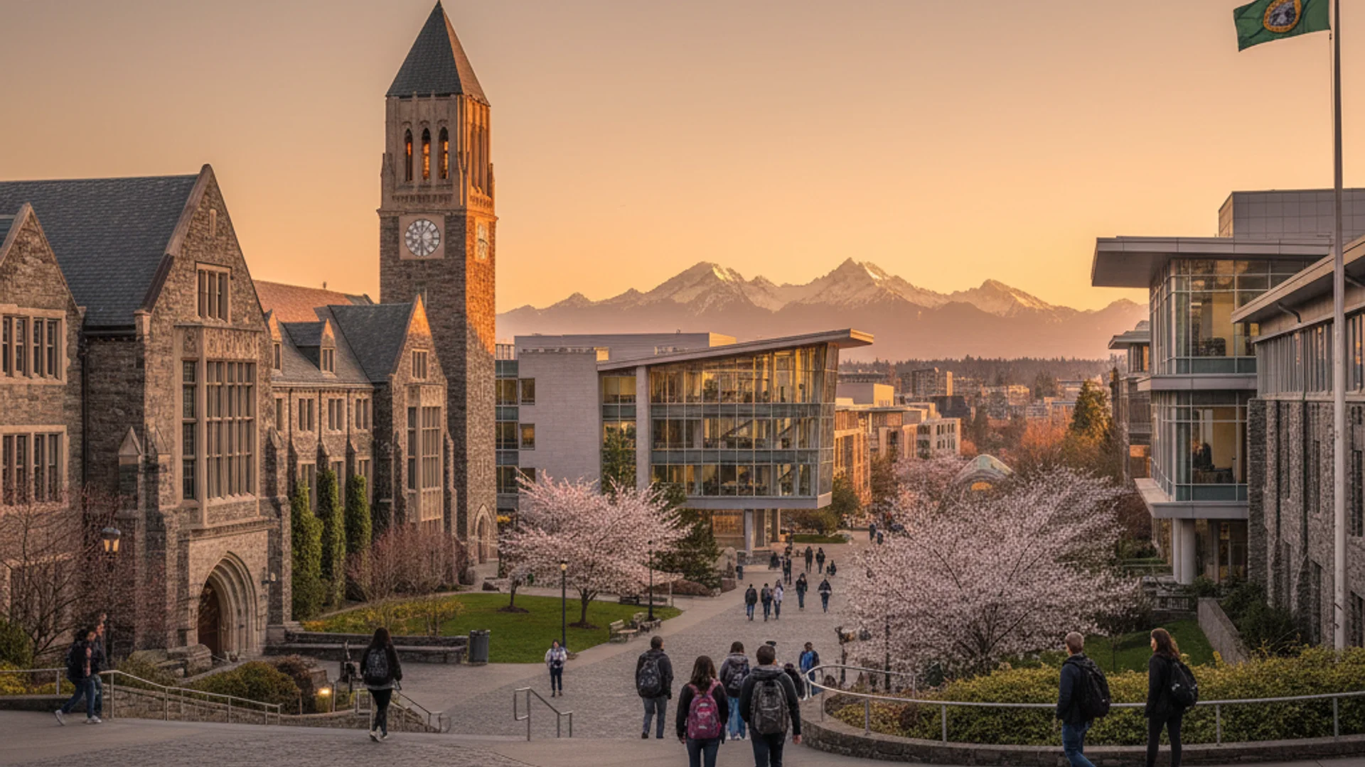 Washington university campus with Mount Rainier backdrop and students working on data science projects