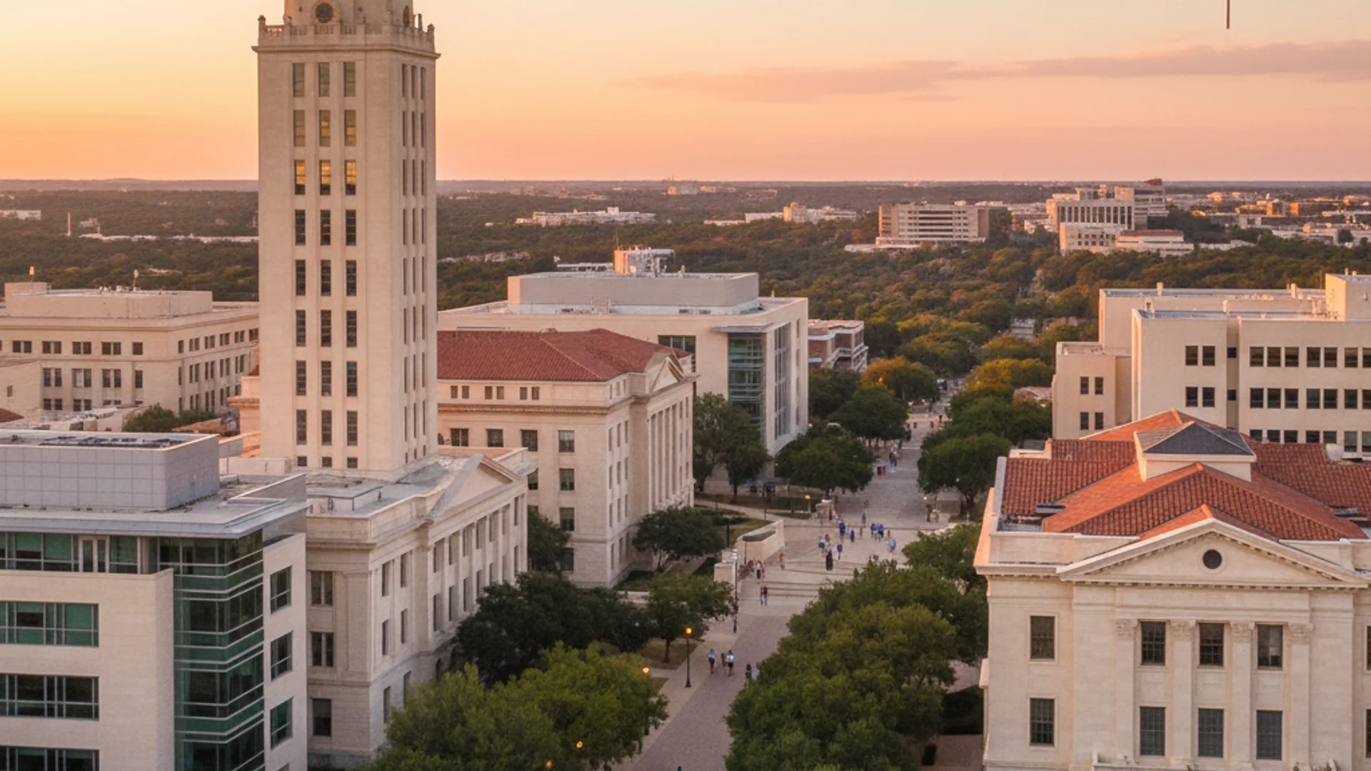 Texas university campus with Spanish colonial architecture and modern tech buildings