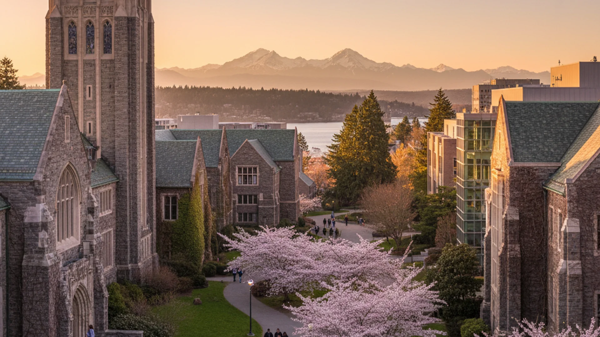 Washington state university campus with Pacific Northwest evergreen trees and modern tech buildings