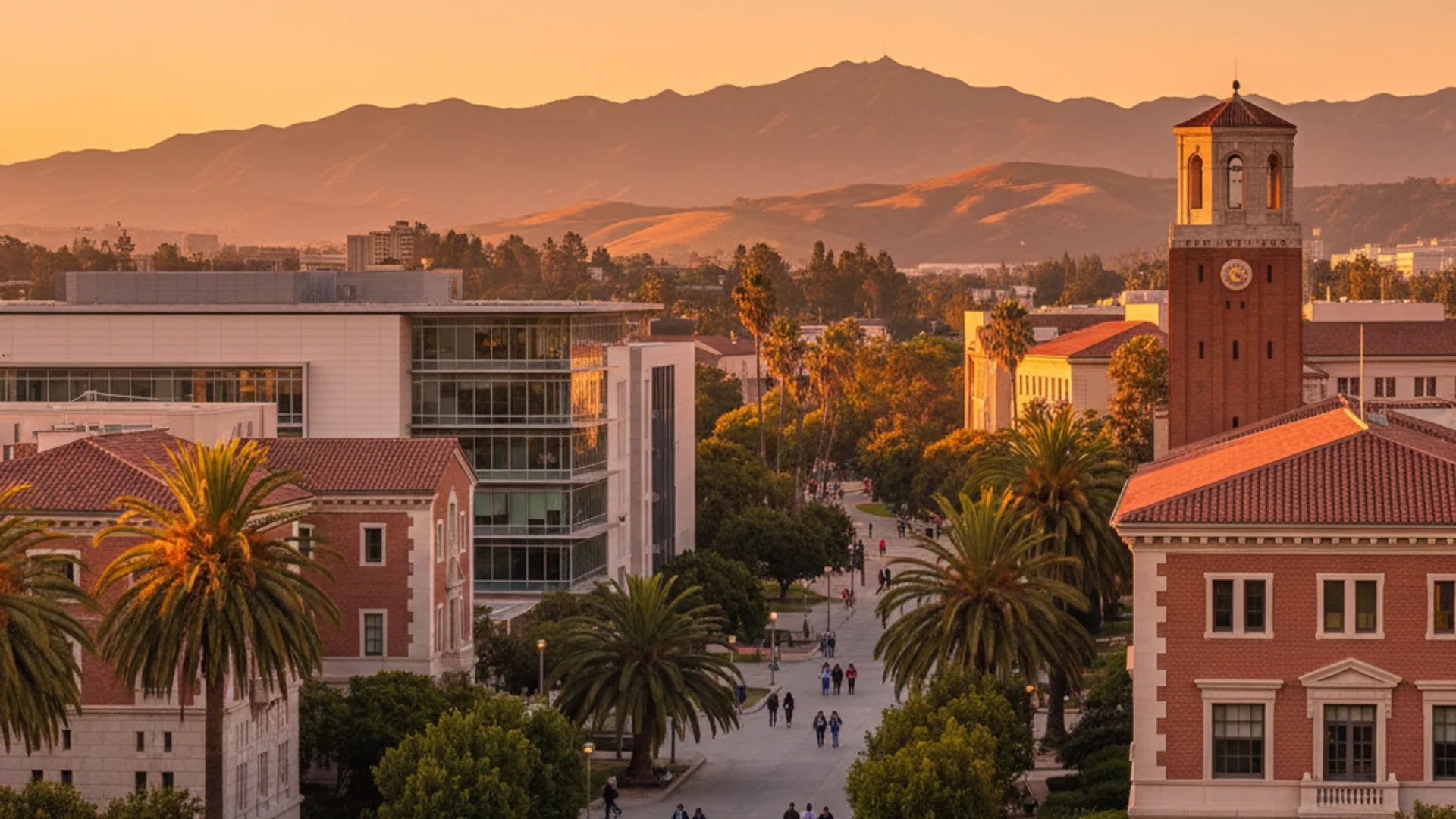 California university campus with game development lab featuring students working on computers with gaming equipment