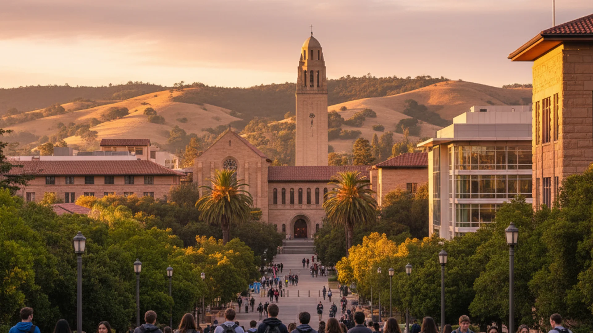 California university campus with modern IT labs, palm trees, and Silicon Valley tech aesthetic