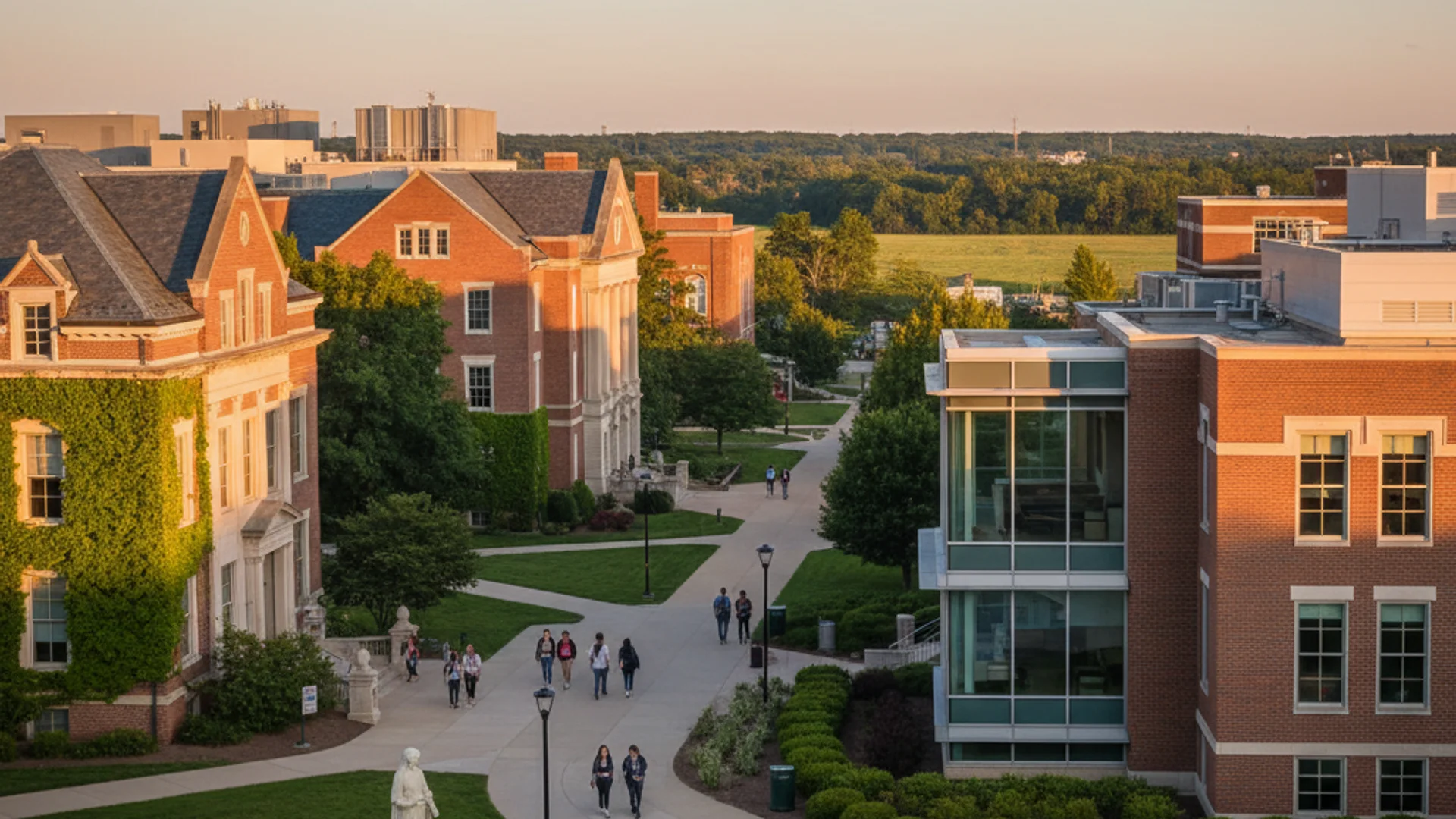 Illinois university campus with modern technology buildings and Chicago skyline in background