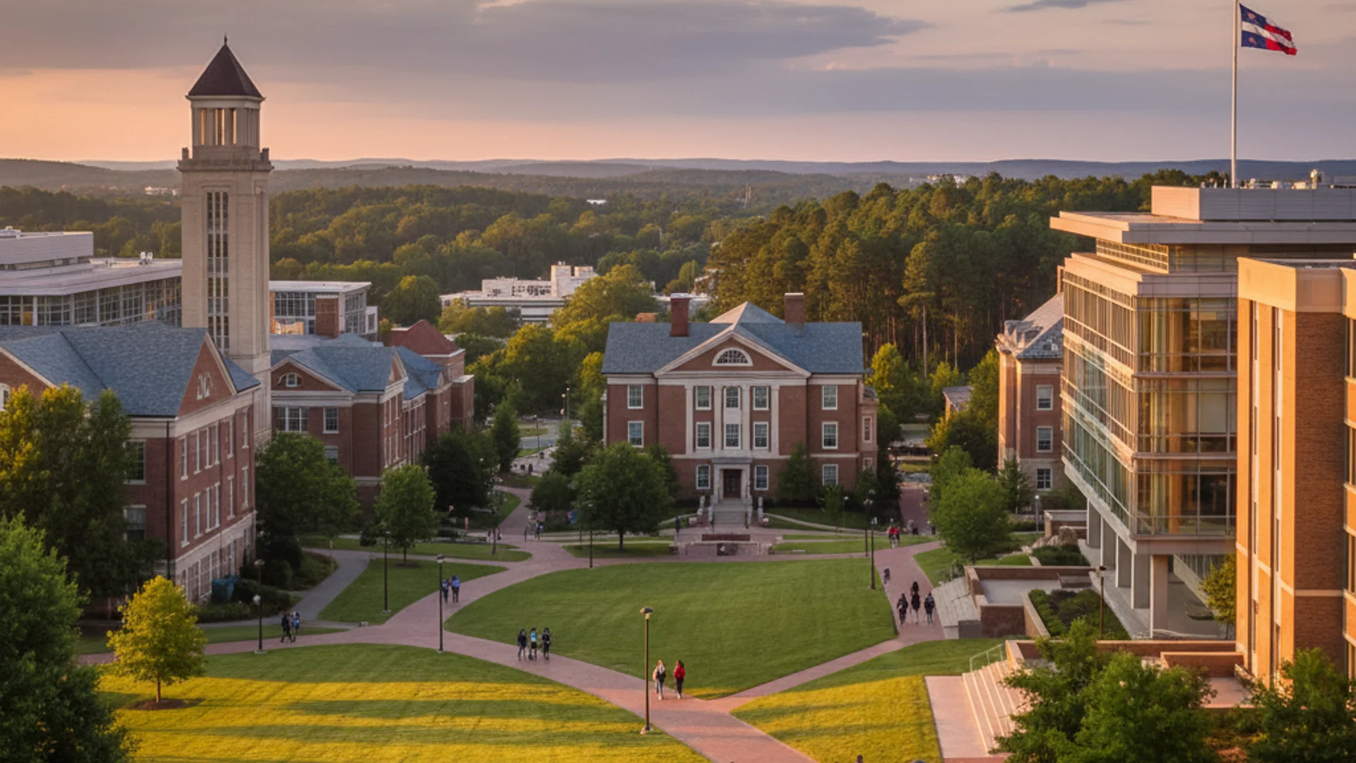 Georgia university campus with Southern architecture, tree-lined walkways, and modern computer science facilities