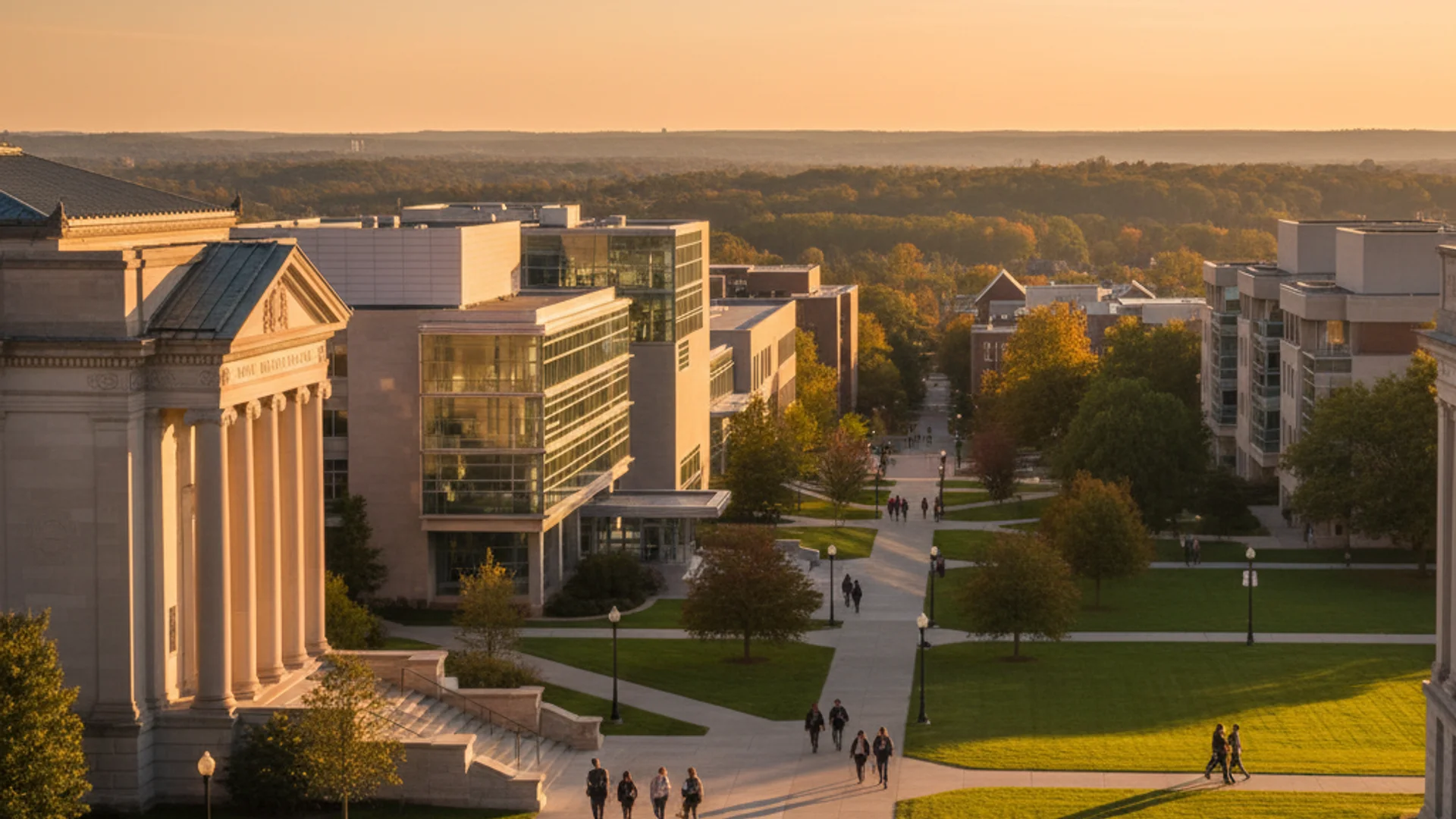 Ohio university campus with modern engineering buildings and tech lab facilities