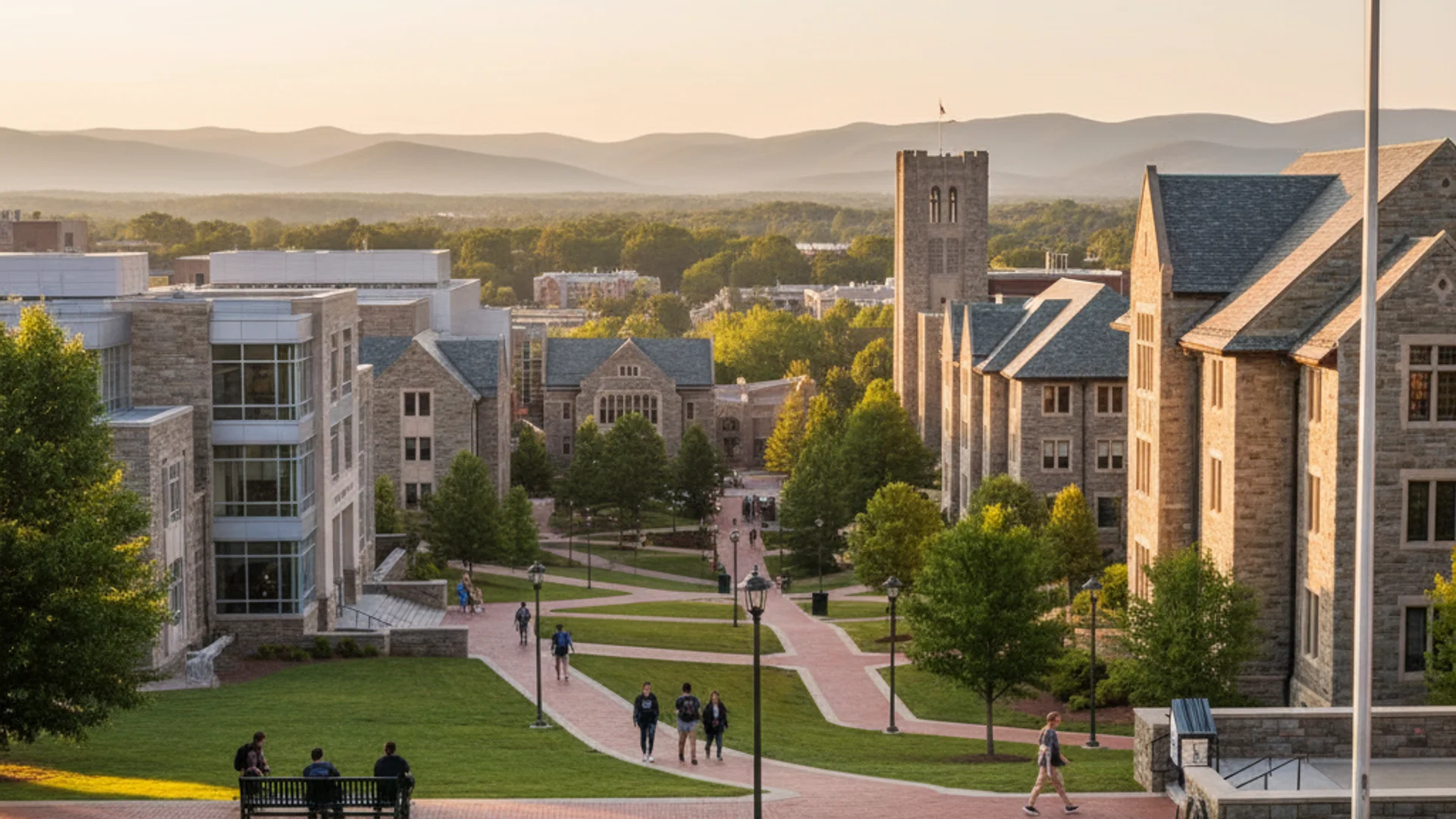 Virginia university campus with colonial architecture and modern tech buildings