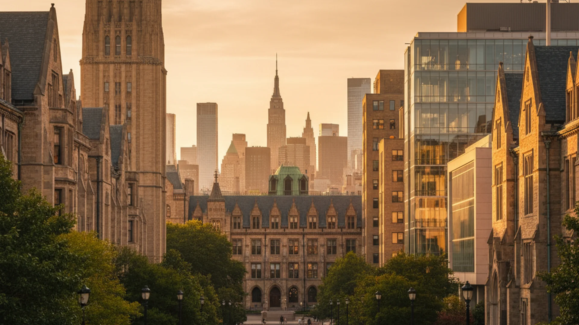 New York City skyline with university campus and web development coding theme