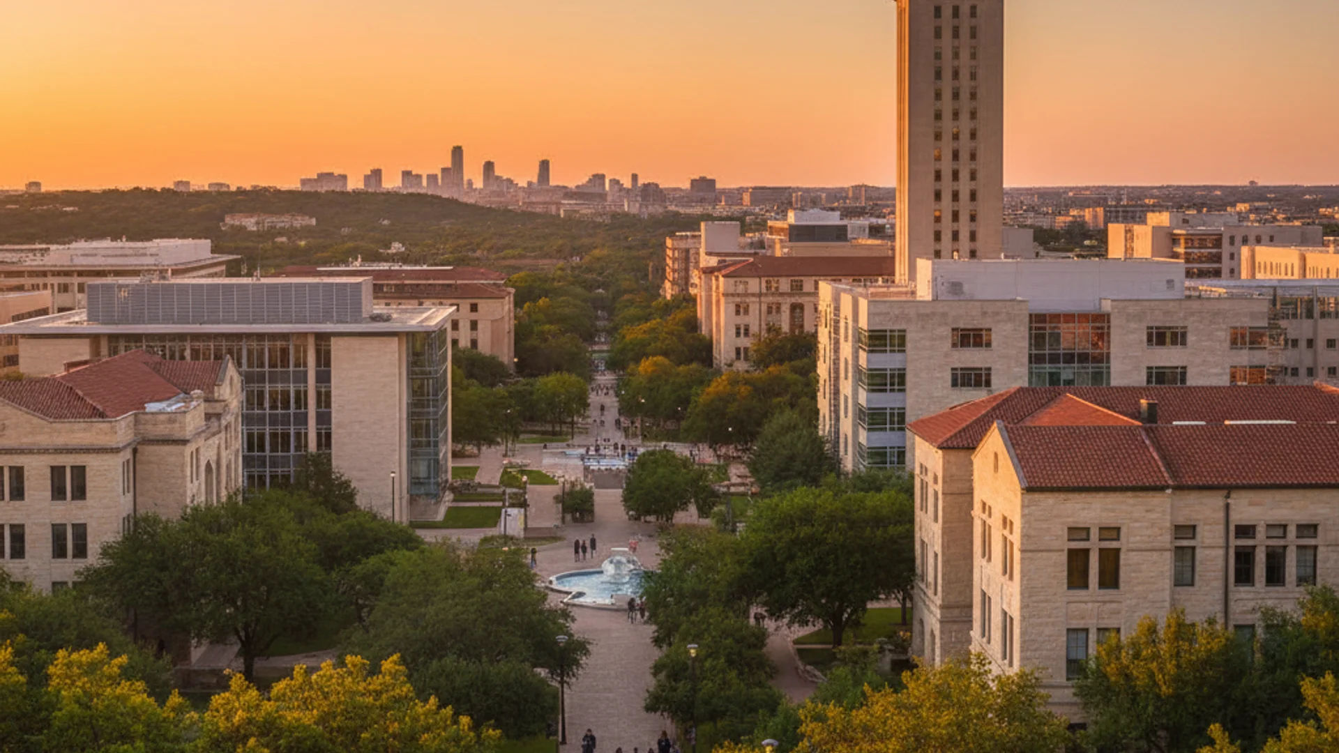 Texas university campus with modern technology buildings and students collaborating on web development projects