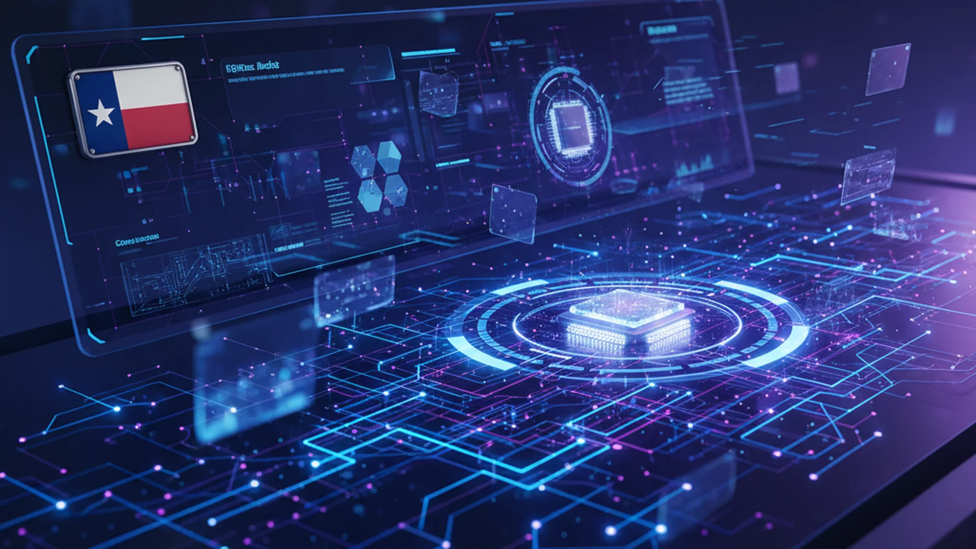 Abstract visualization of system architecture with servers, databases, and data flow patterns