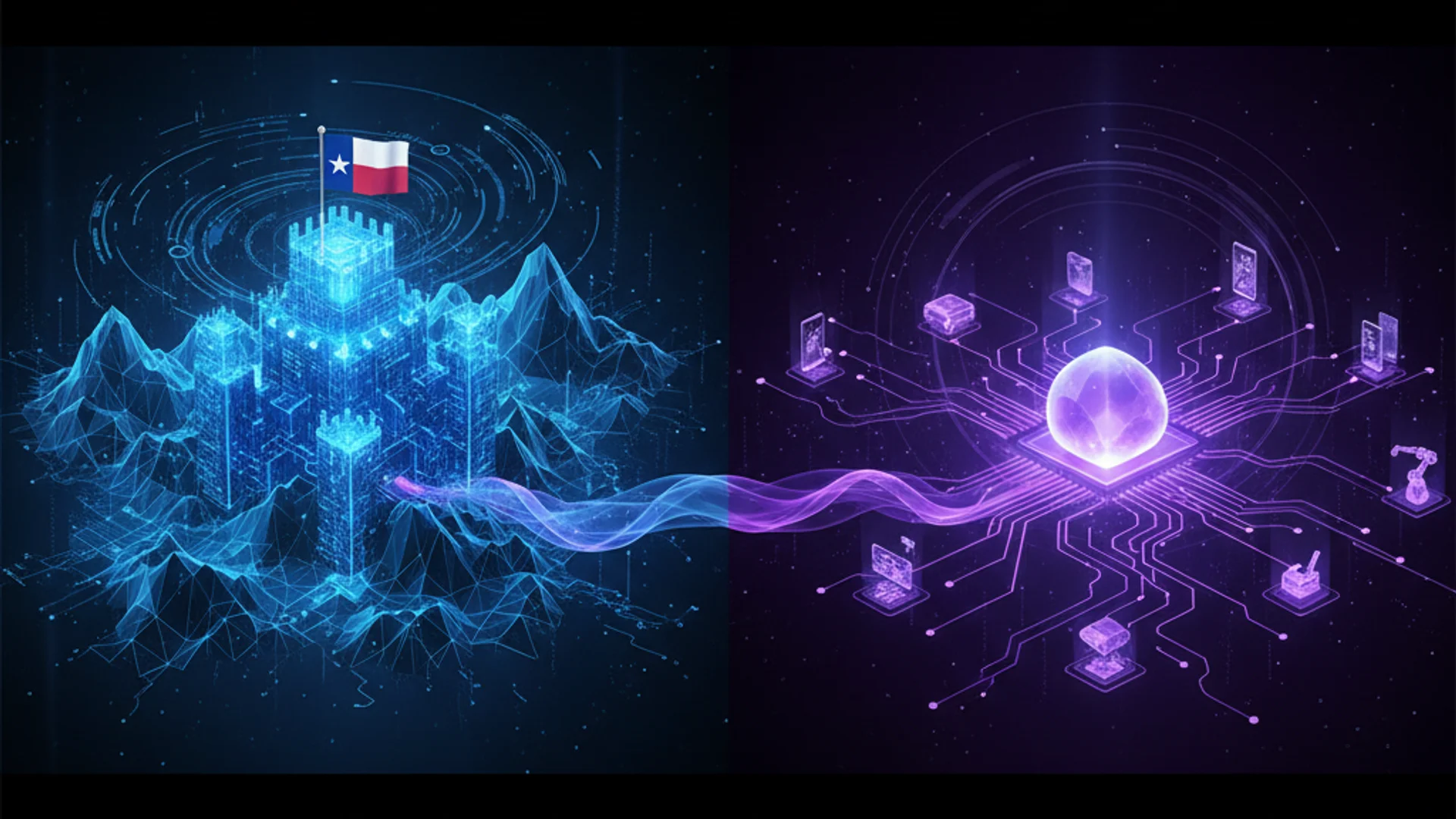 Abstract visualization of AI training and inference phases with neural networks and cost comparison charts